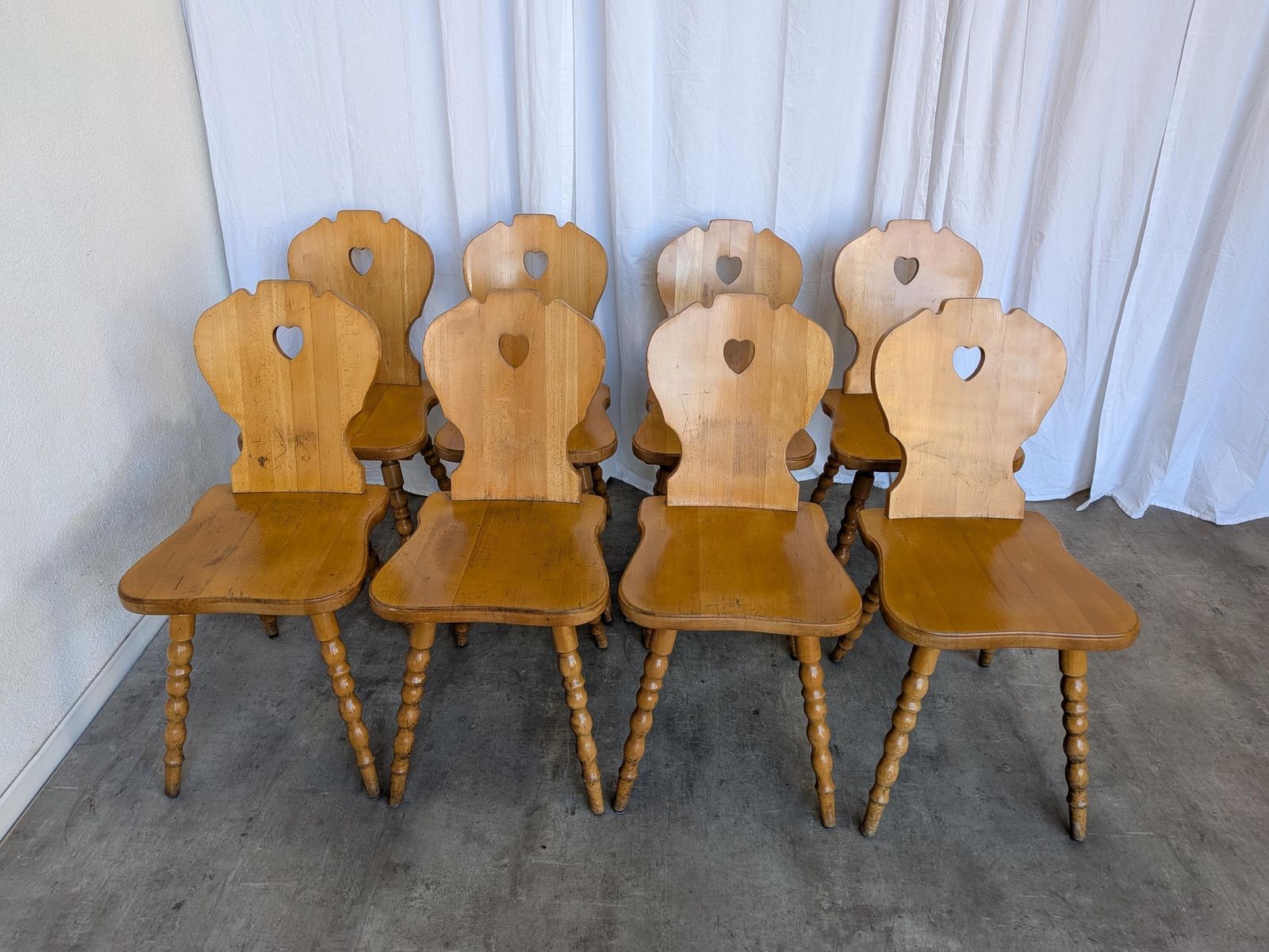 Set Of 8 Vintage Tyrolean Heart Cutout Wooden Dining Chairs, Rustic Farmhouse Style photo for sale