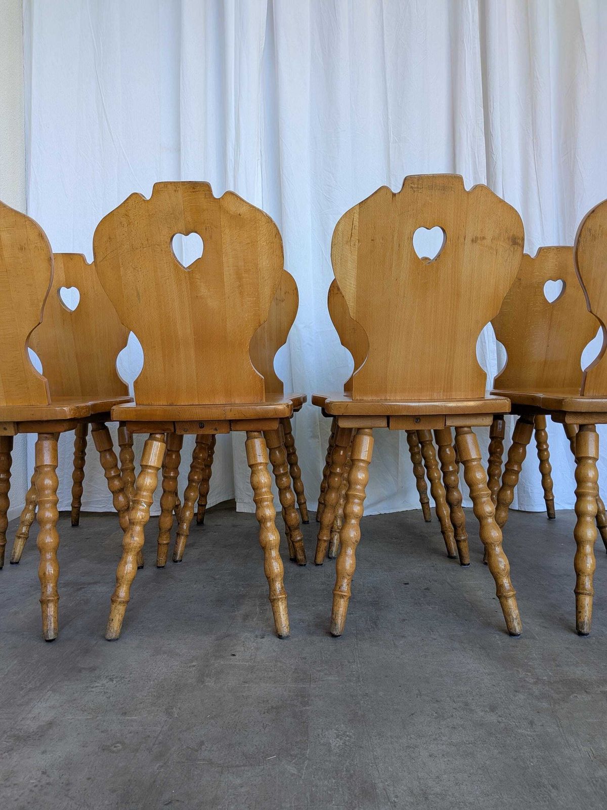 Set Of 8 Vintage Tyrolean Heart Cutout Wooden Dining Chairs, Rustic Farmhouse Style photo 2126.0