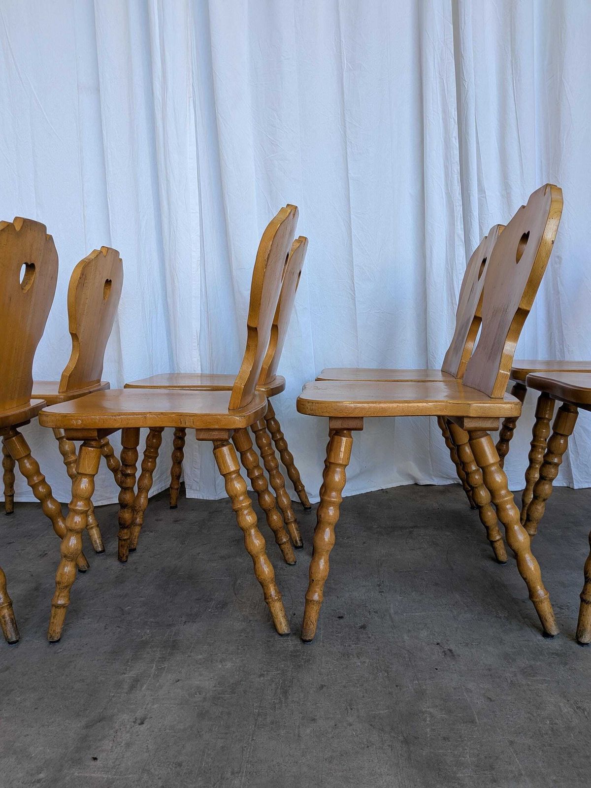 2126.0 Set Of 8 Vintage Tyrolean Heart Cutout Wooden Dining Chairs, Rustic Farmhouse Style photo