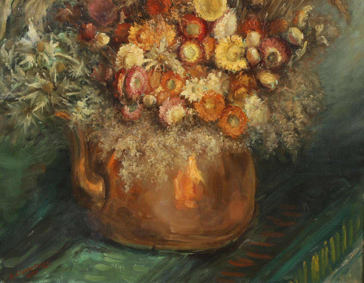 photo furniture Large Mid Century Belgium Impressionist Oil Painting Of A Floral Display By Amile Coppieters (Circa 1961)