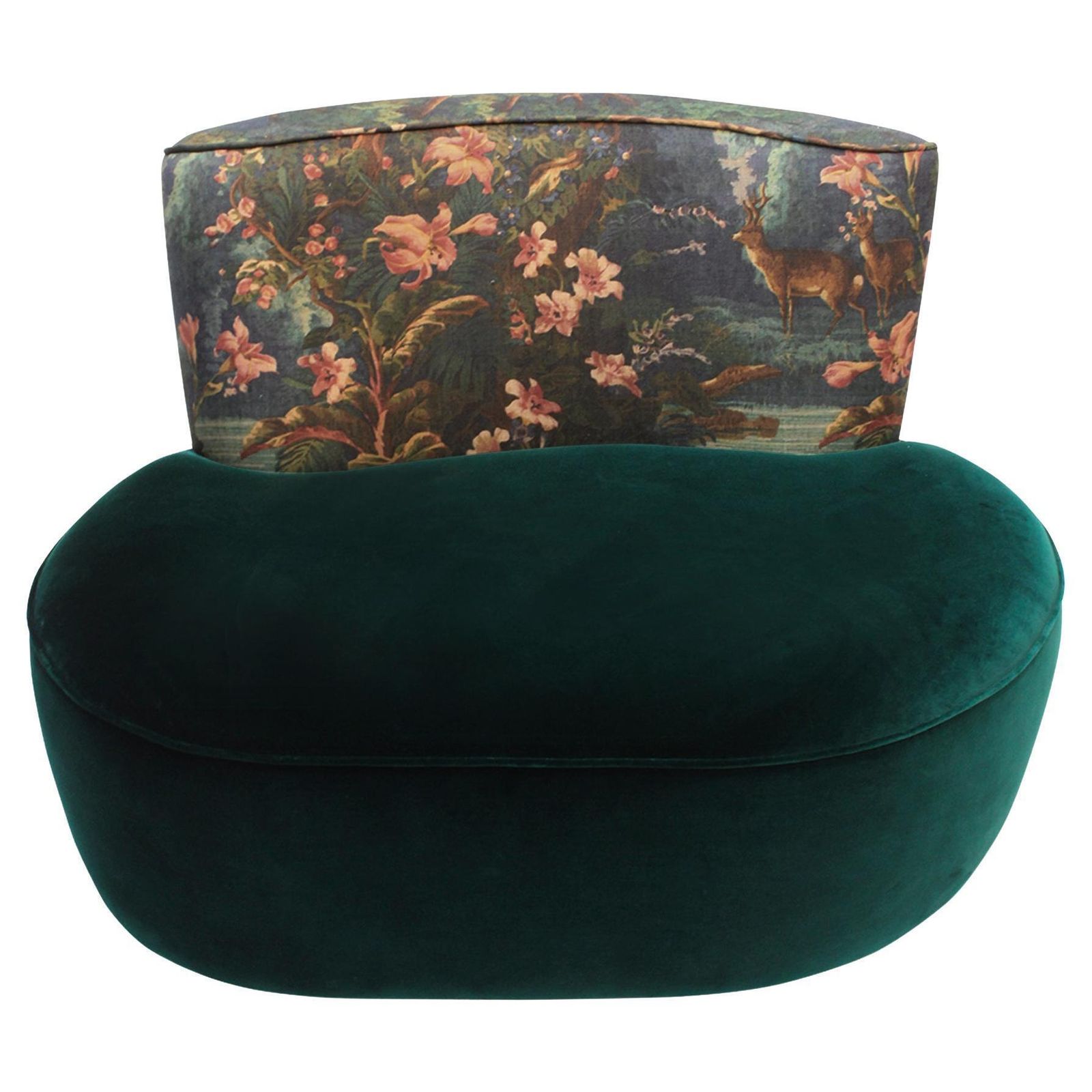 Mid Century Modern Armchair In Linen And Velvet With Green And Woodland Motifs France