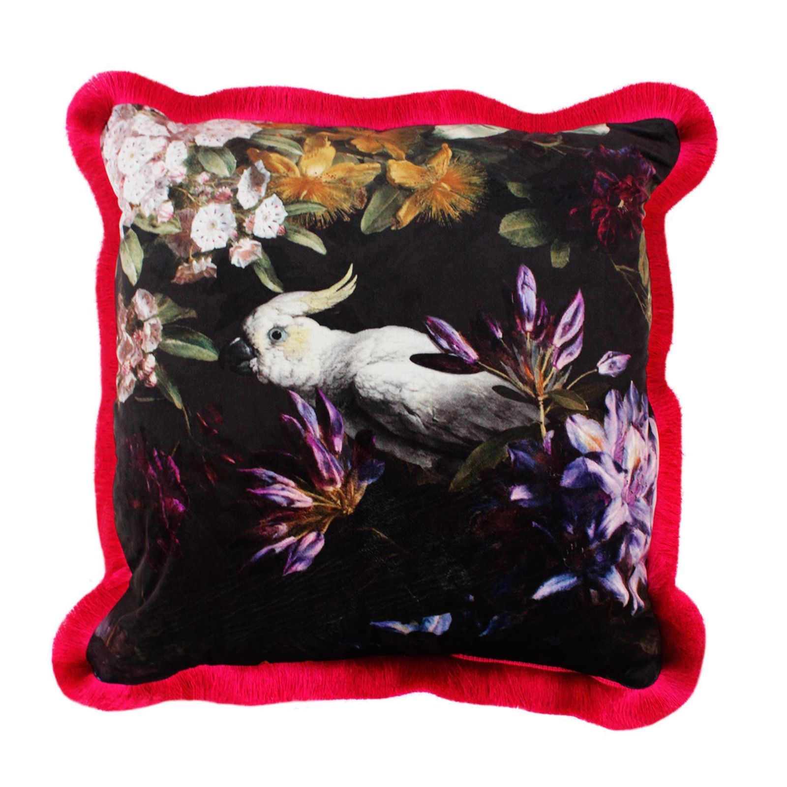 Pair Of Contemporary Cushions In Cotton Fabric And Dark Moare And Fuchsia Parrots photo furniture