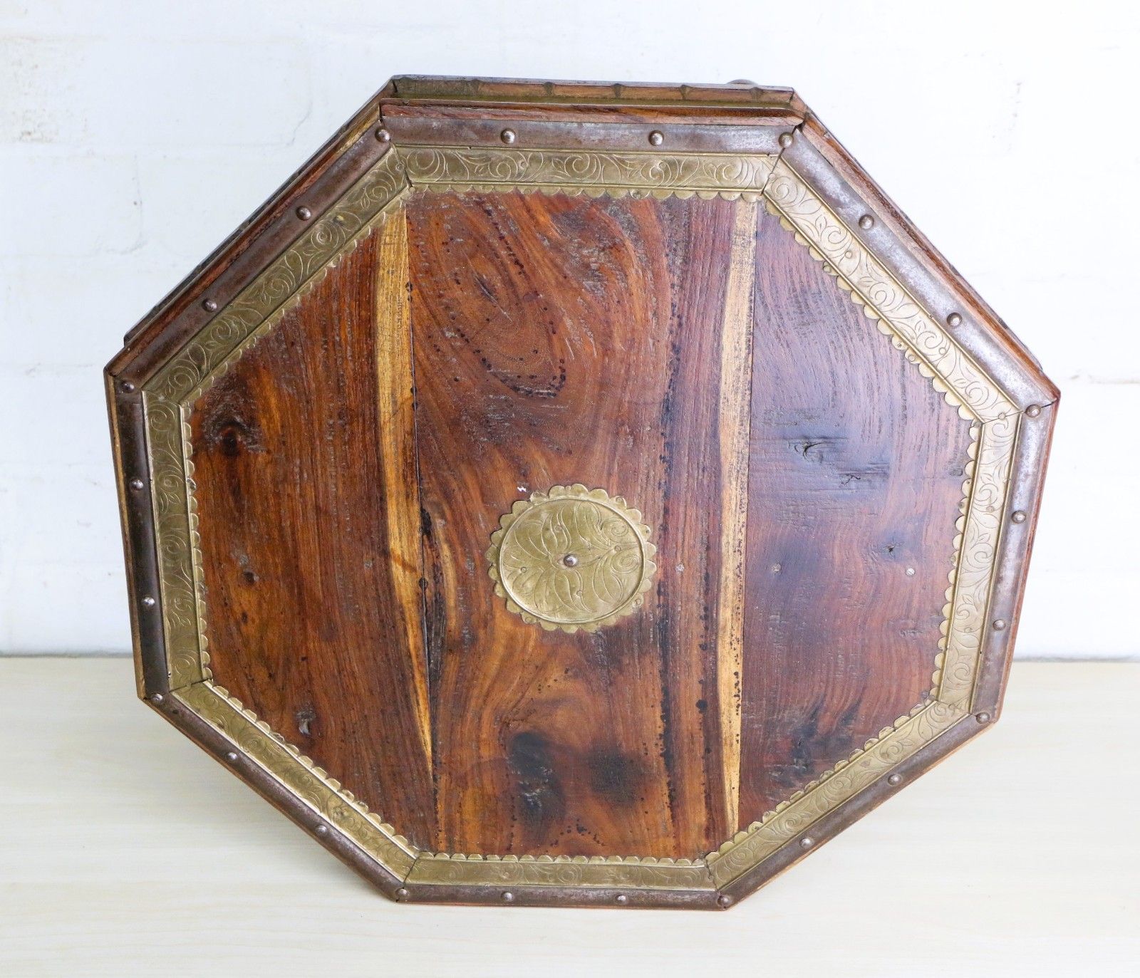 Vintage Indian Wooden Low Table Chowki Table 20th Century Brass & Steel Accents photo for sale