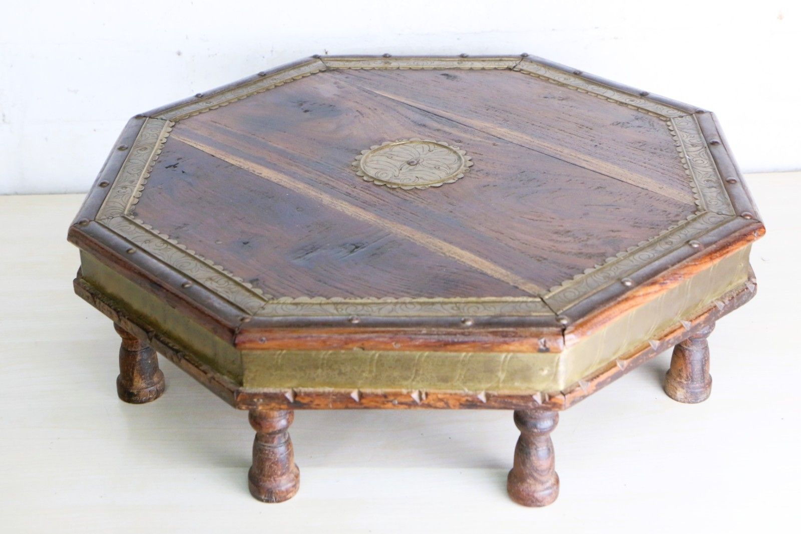 128.0 Vintage Indian Wooden Low Table Chowki Table 20th Century Brass & Steel Accents photo