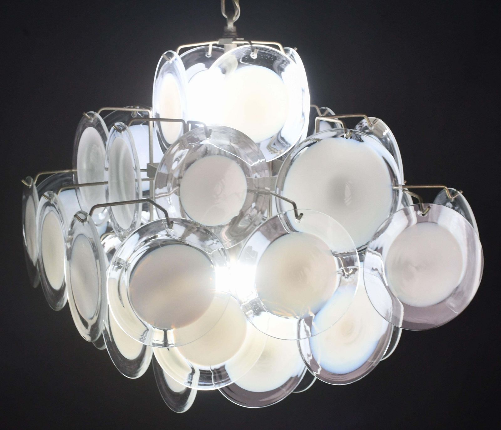 Large 36 Murano Glass White Disch Chandelier By Vistosi, 1970s photo buy