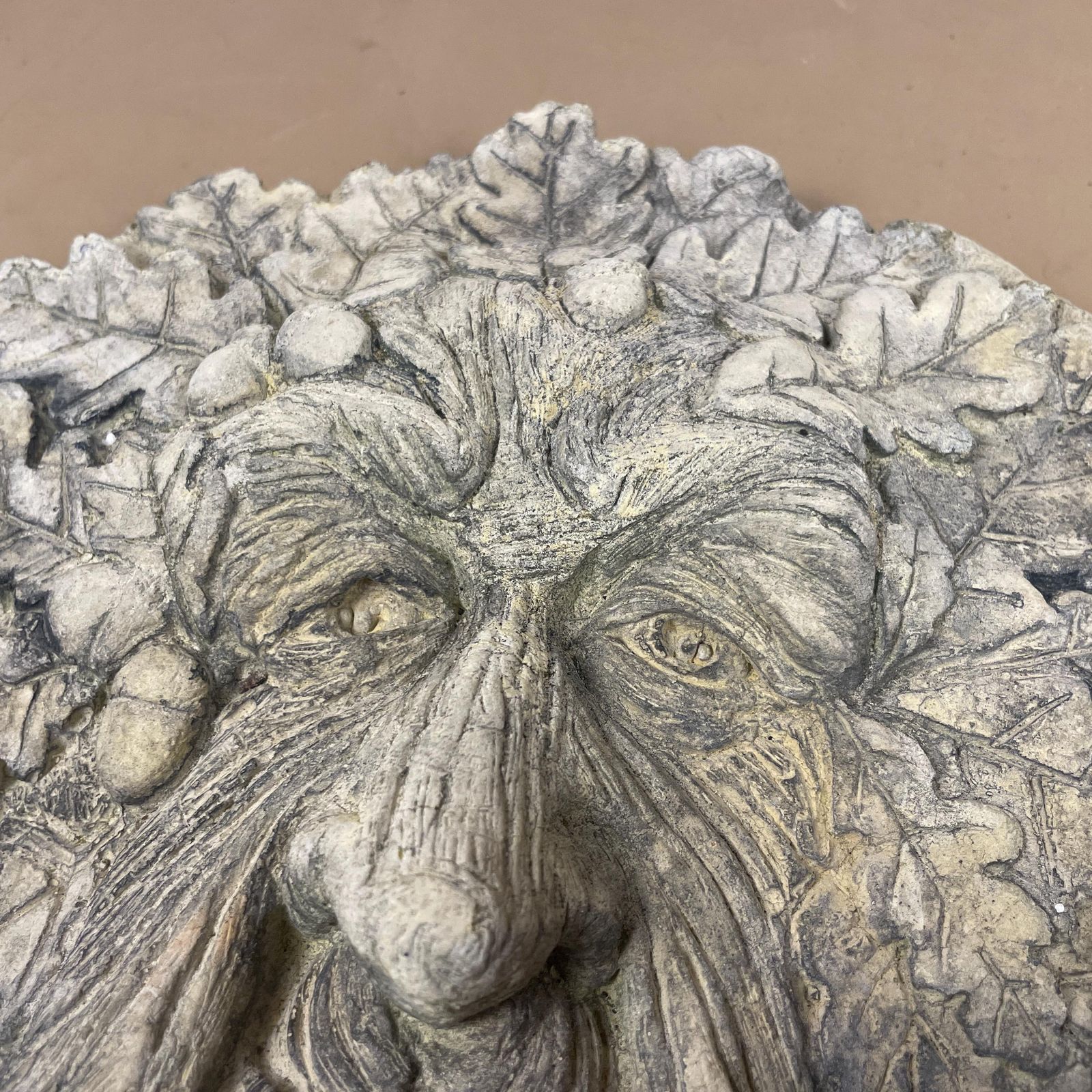 Weathered Garden Concrete Handmade Antique Face Tree Man Acorn Leaves Ornament Wall Art Statue Sculpture Rustic Vintage Heavy Outdoor photo vinterior