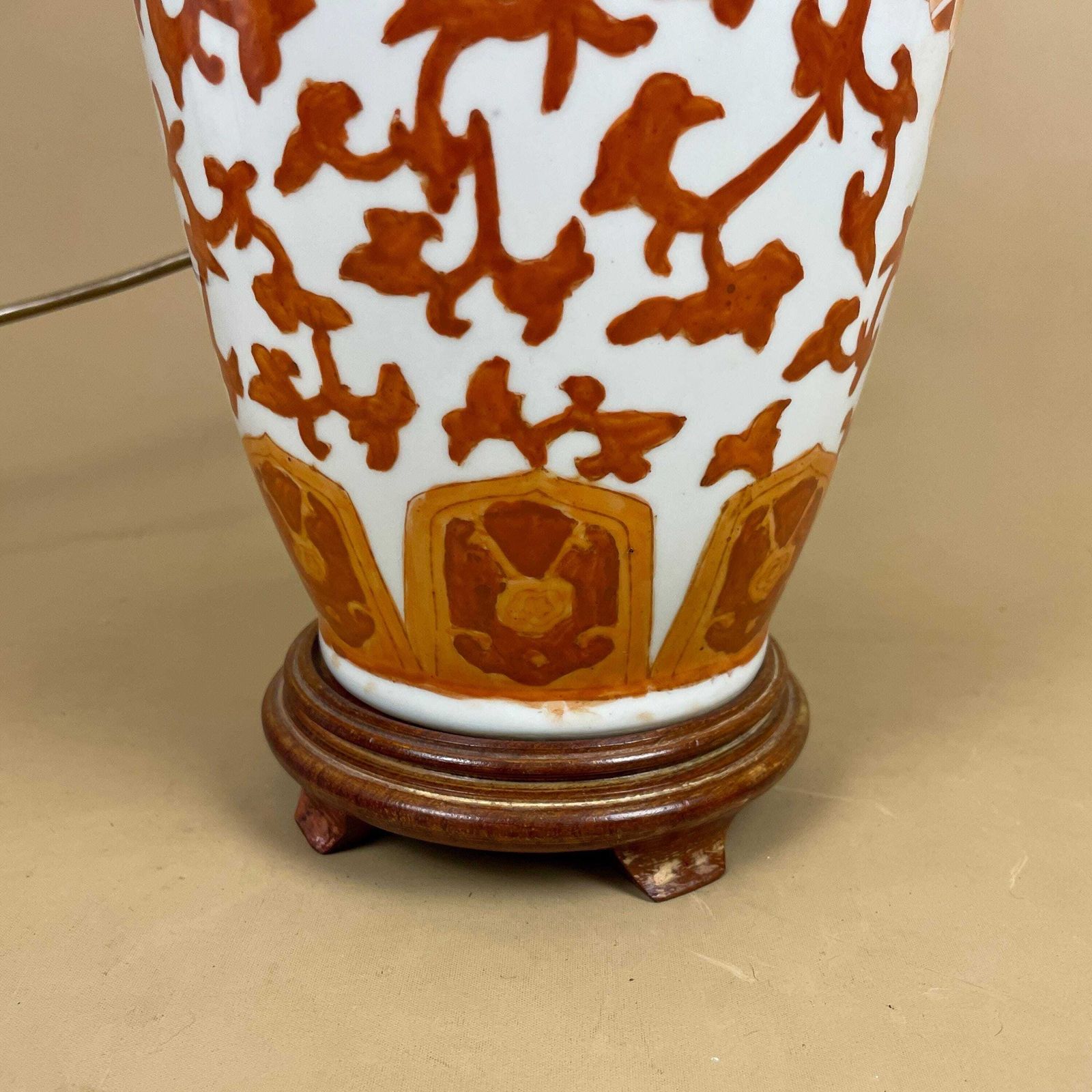 Oriental Ceramic Lamp Light Bedside Table Hand Painted Floral Design Pattern Wood Base Chinese Vase White Orange Antique Lampshade Shade photo for sale