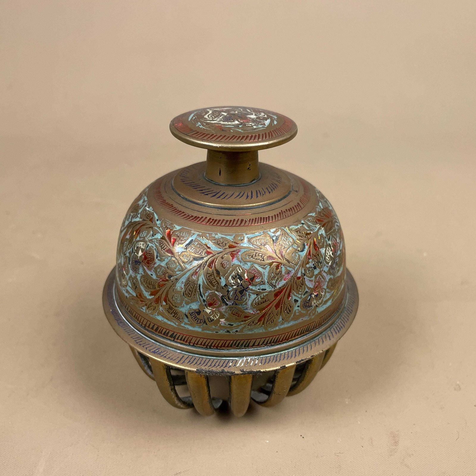 Vintage Indian Brass Gold Temple Bell Bidri Style Hand Engraved Mughal Design Ornate Bell Mid Century Decorative Collectible Enamel Metal photo furniture