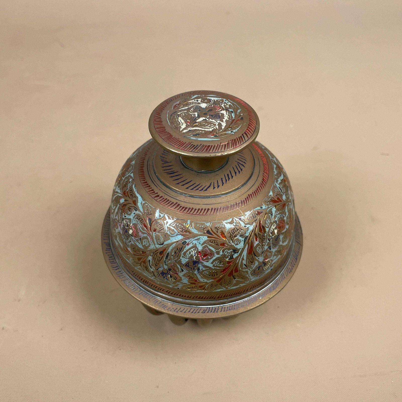 Vintage Indian Brass Gold Temple Bell Bidri Style Hand Engraved Mughal Design Ornate Bell Mid Century Decorative Collectible Enamel Metal photo for sale