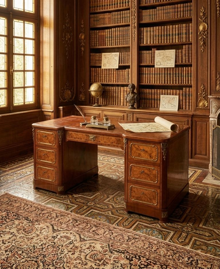 photo furniture Fine French Burr Walnut Pedestal Desk With Gilt Bronze Ormolu Mounts C1880