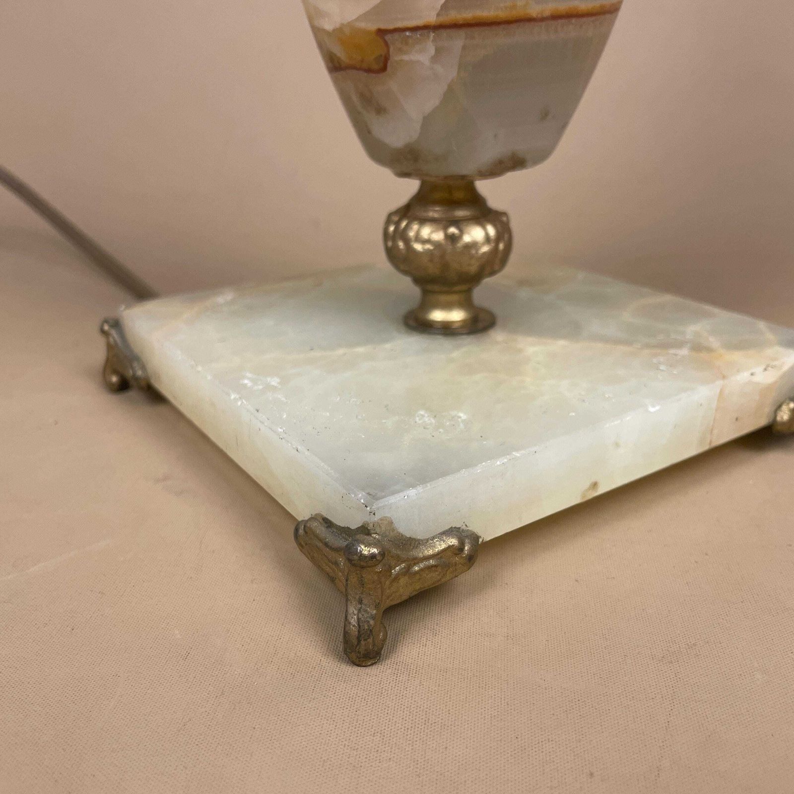 Marble Stone Lamp Green Light Table Bedside Light Natural Patterns Ornate Square Base Onyx Brass Metal Gold Antique Vintage Claw Feet Large photo buy