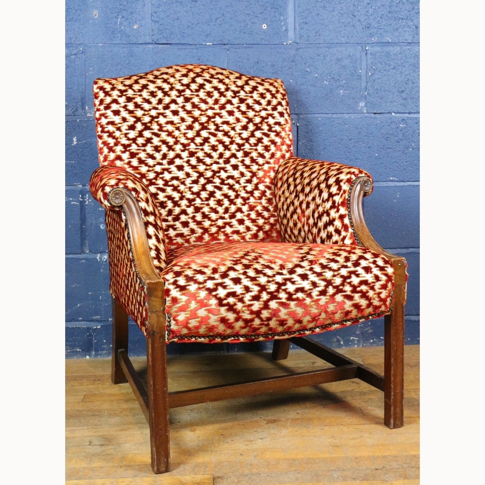 A Quality Antique Mahogany Framed Gainsborough Open Armchair Freshly Reupholstered In Stylised Velvet photo furniture