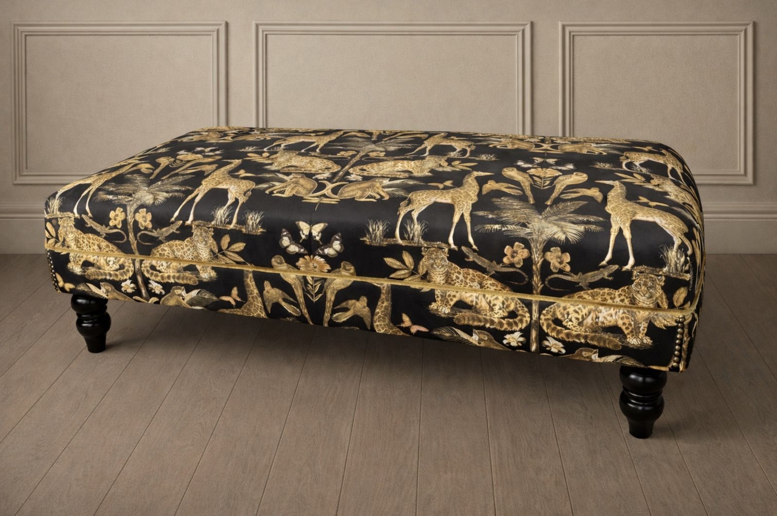 Stunning Footstool/Coffee Table In Black And Gold Velvet