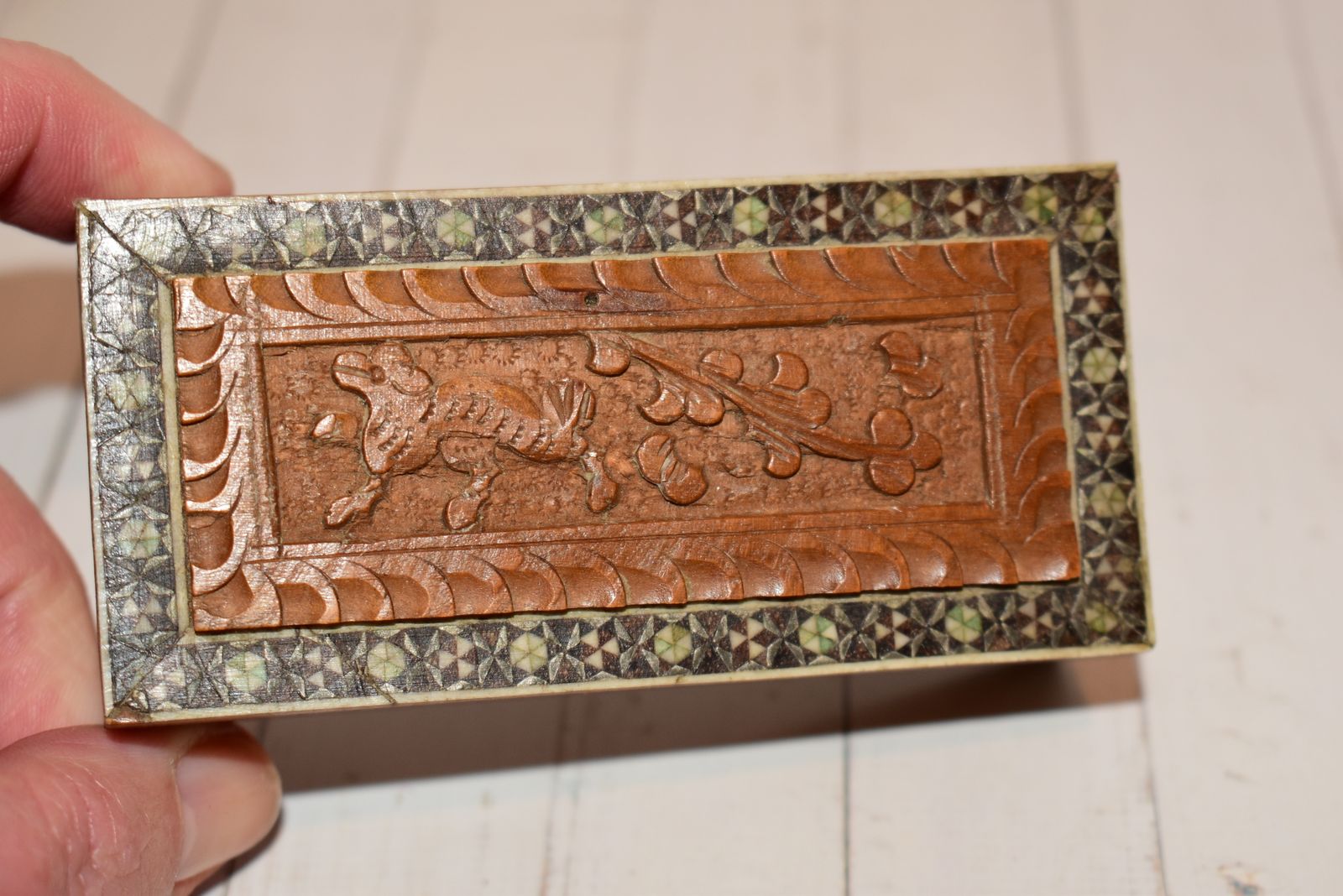 Victorian Jewellery Box   Beautiful Sadeli Inlaid Micro Mosaic Casket With Dried Seahorse!