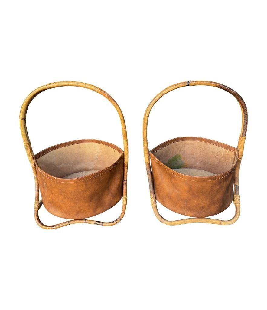 Large Italian 1960s Bamboo And Rattan Basket With Faux Leather photo vinterior