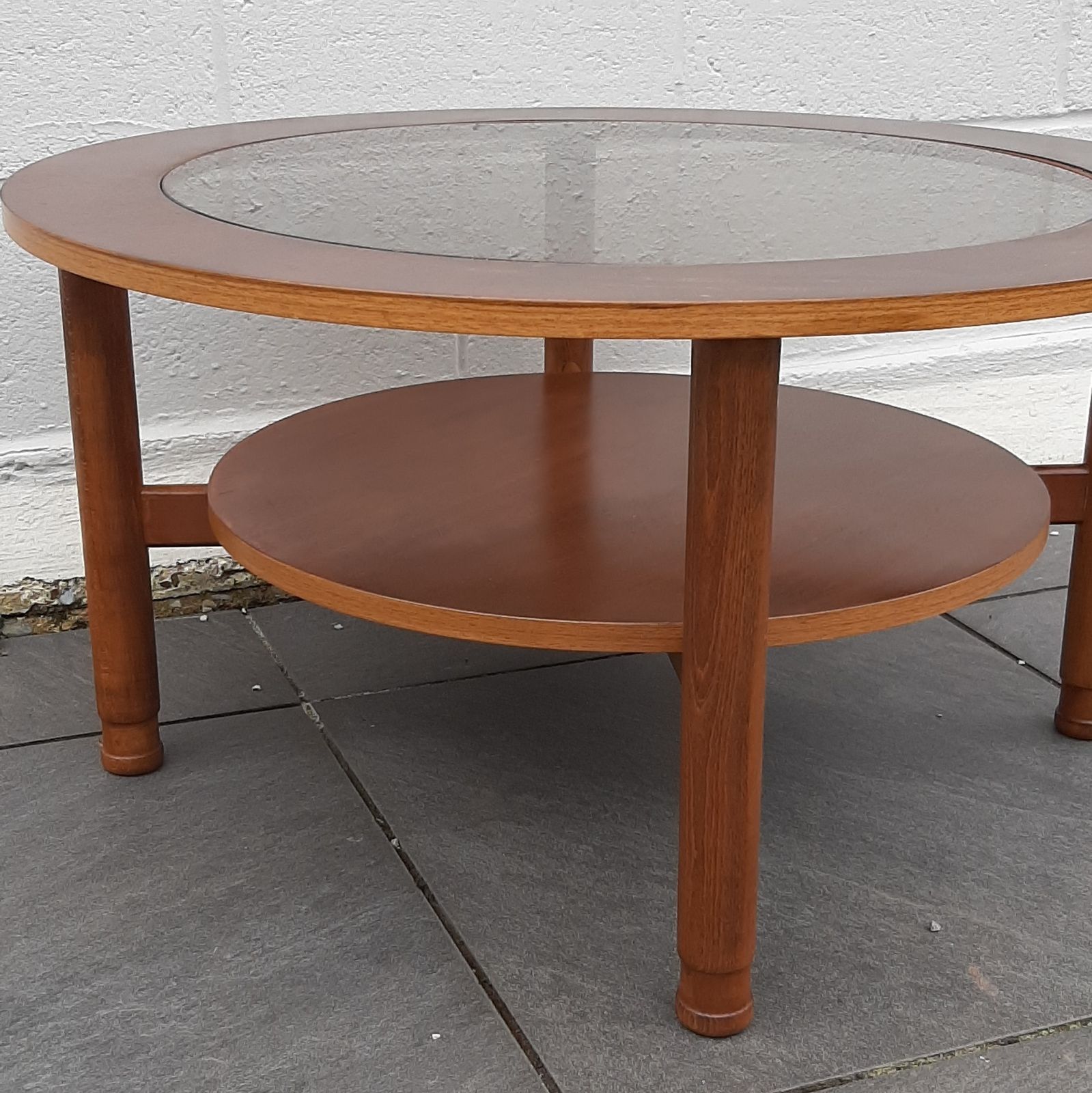 Schreiber Mid Century Modern Round Circular Coffee Table Glass Topped Solid Teak Legs photo furniture