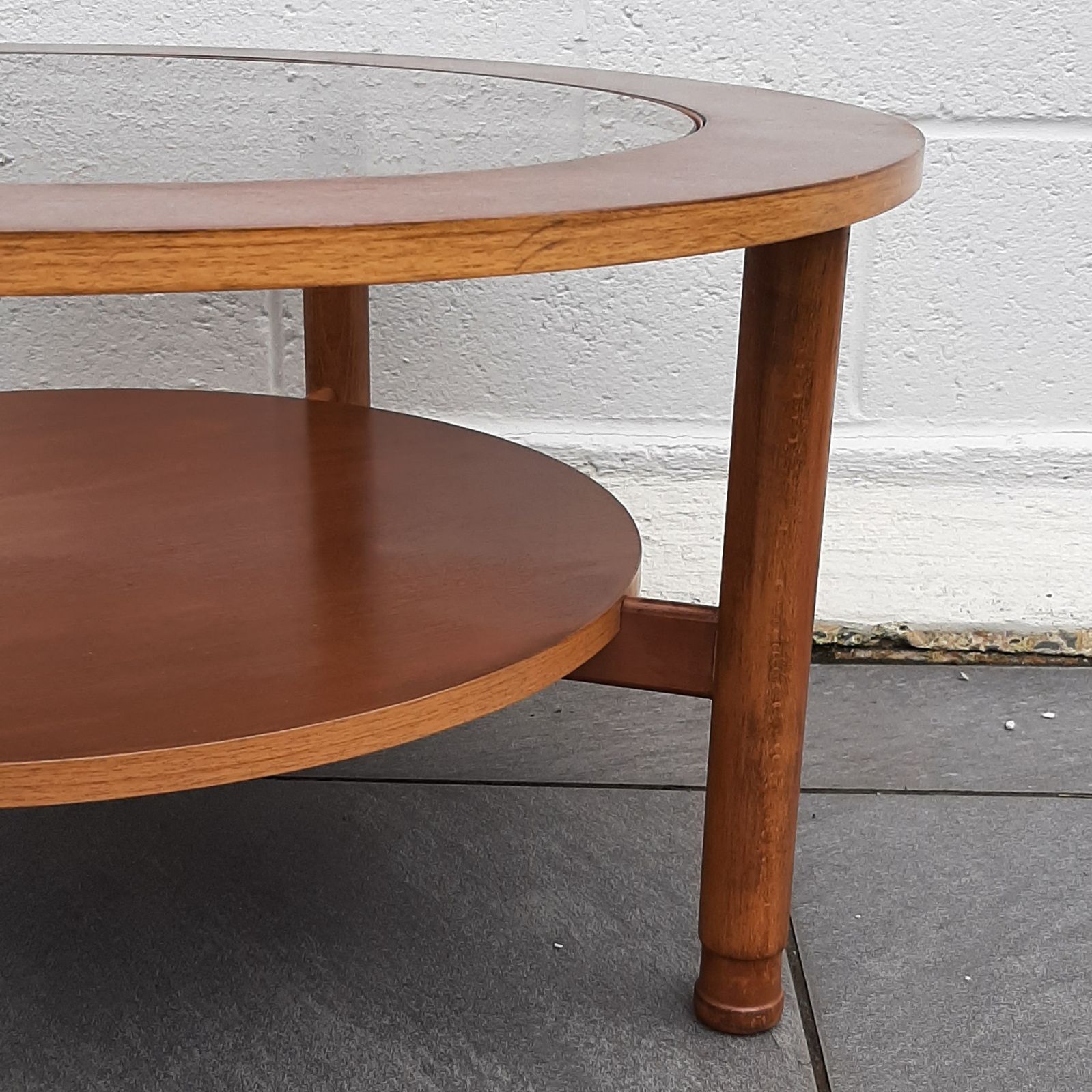 Schreiber Mid Century Modern Round Circular Coffee Table Glass Topped Solid Teak Legs photo for sale
