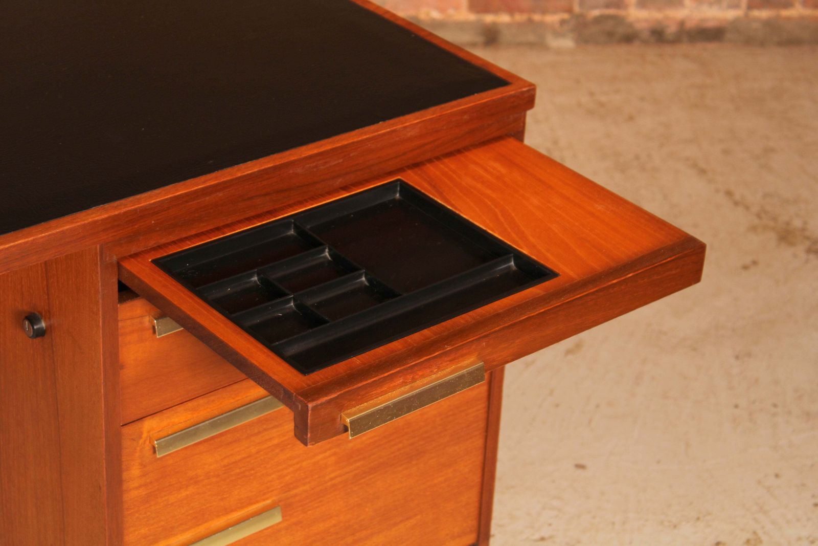 British Mid Century Executive Teak Desk With Brass Handles, Circa 1970s photo buy