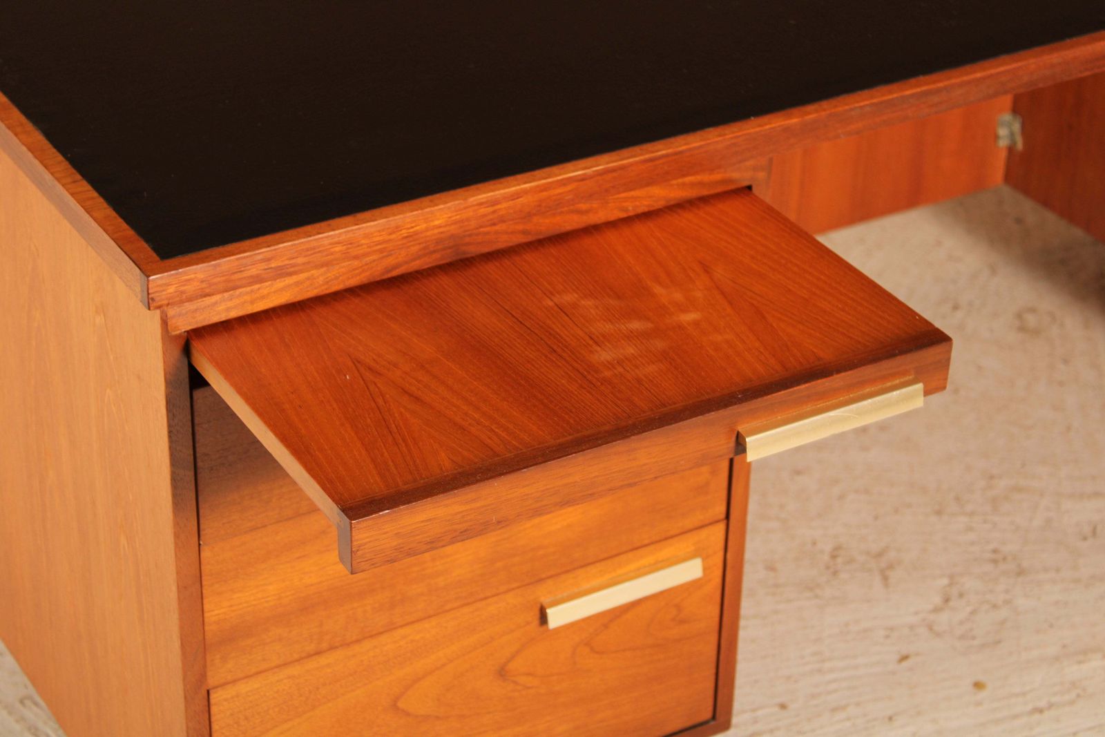 photo for sale British Mid Century Executive Teak Desk With Brass Handles, Circa 1970s