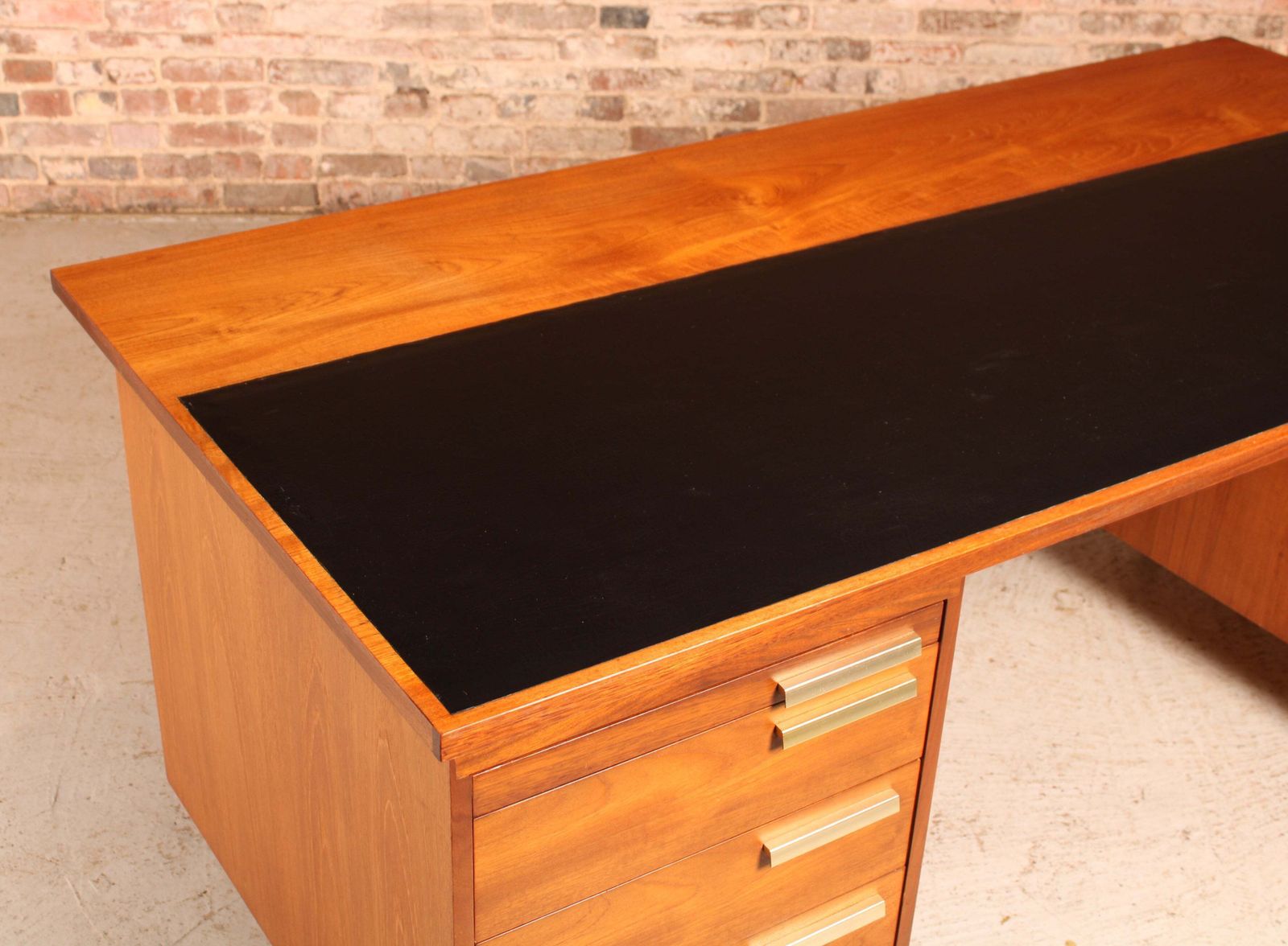Furniture British Mid Century Executive Teak Desk With Brass Handles, Circa 1970s photo