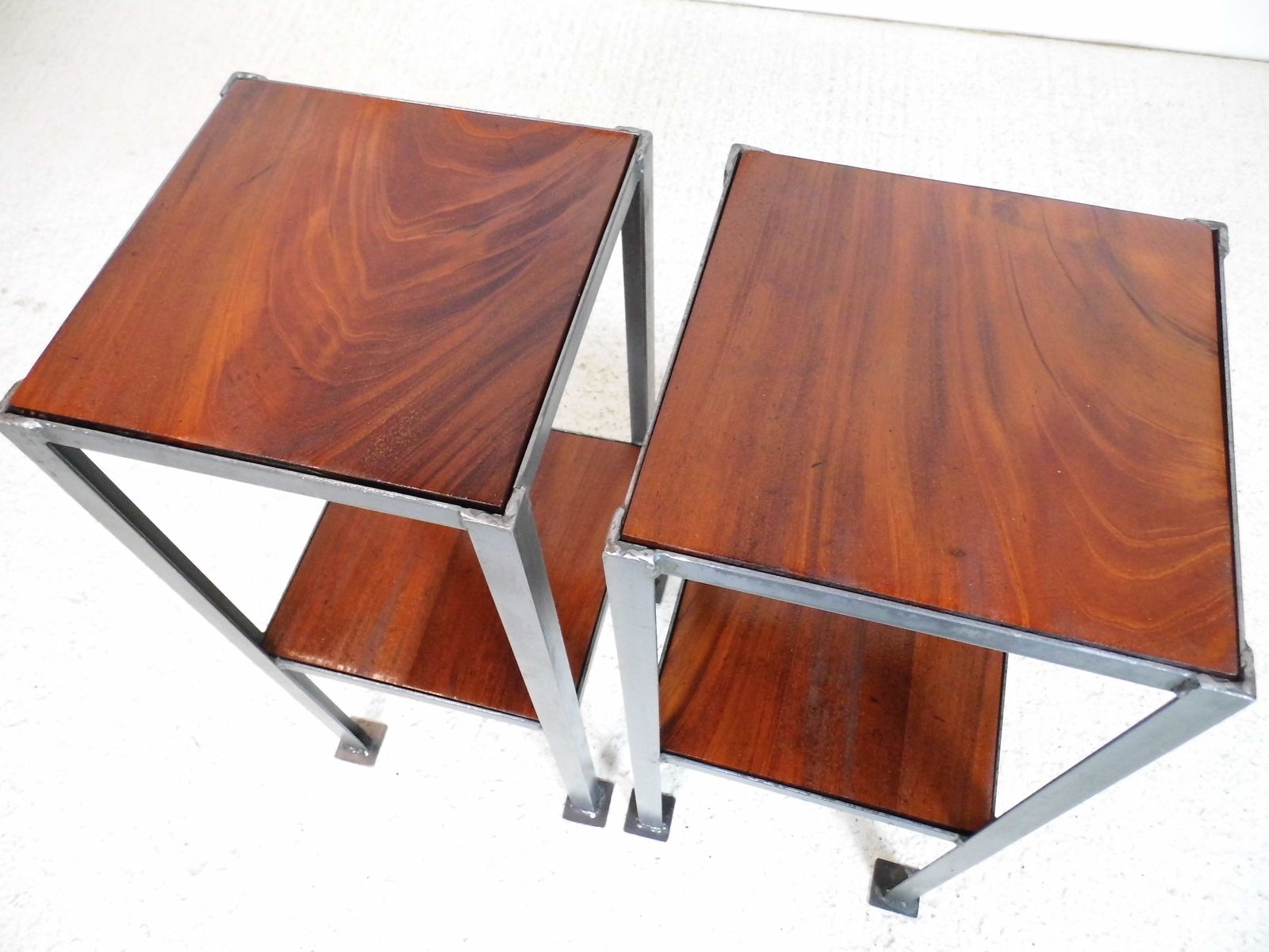 Pair Of Vintage Industrial Chic Ex Engineering Works Stands With Flamed Mahogany