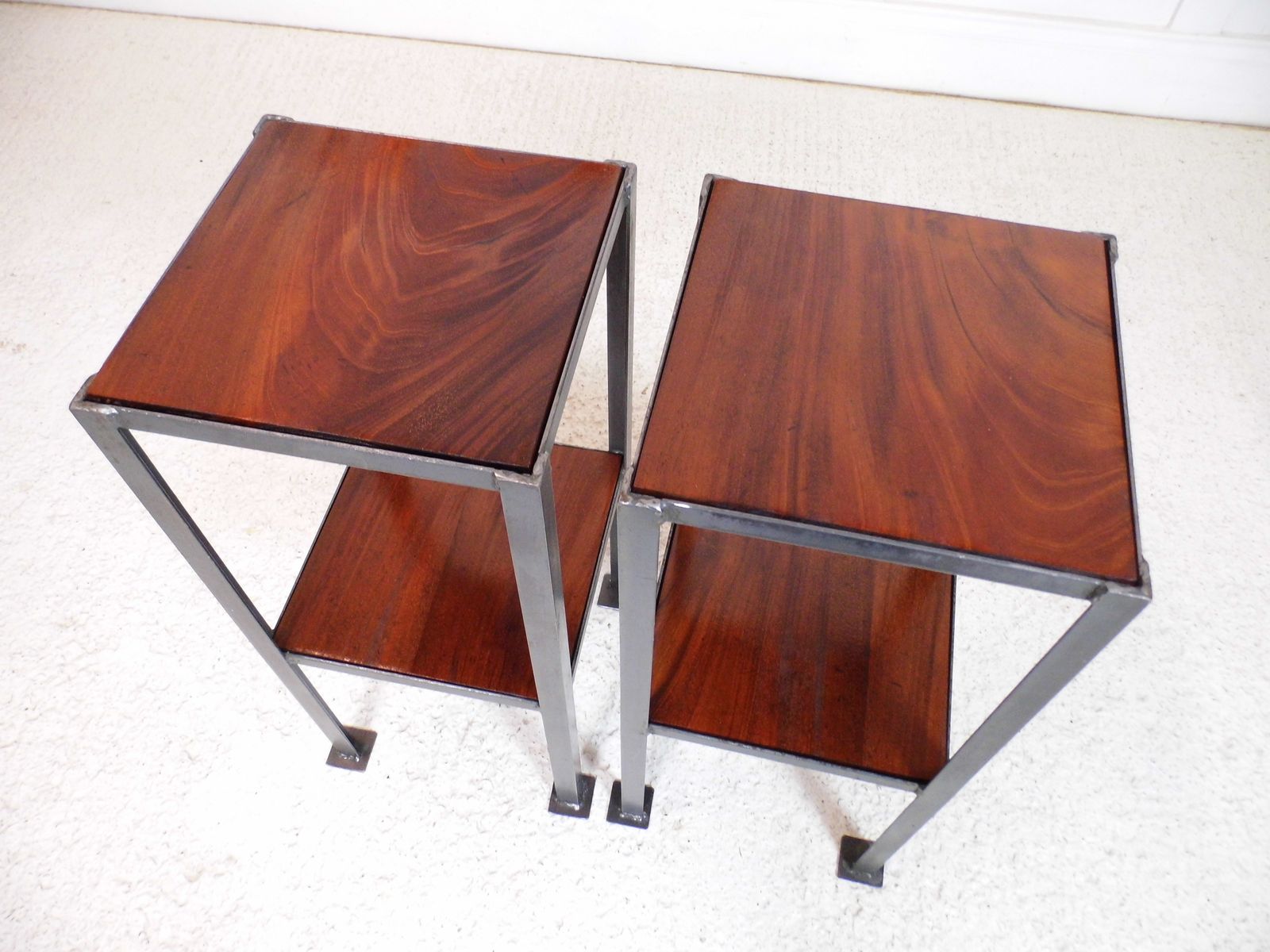 Pair Of Vintage Industrial Chic Ex Engineering Works Stands With Flamed Mahogany photo vintage