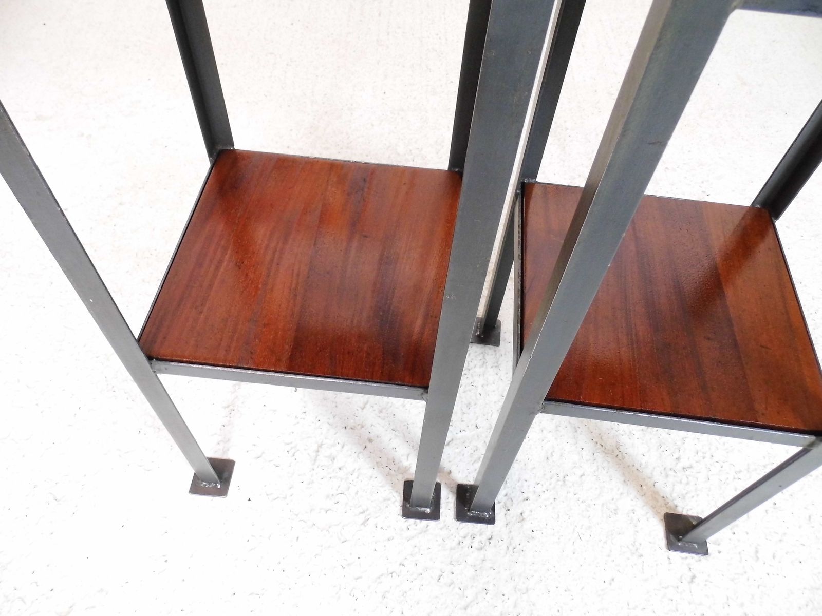 photo for sale Pair Of Vintage Industrial Chic Ex Engineering Works Stands With Flamed Mahogany