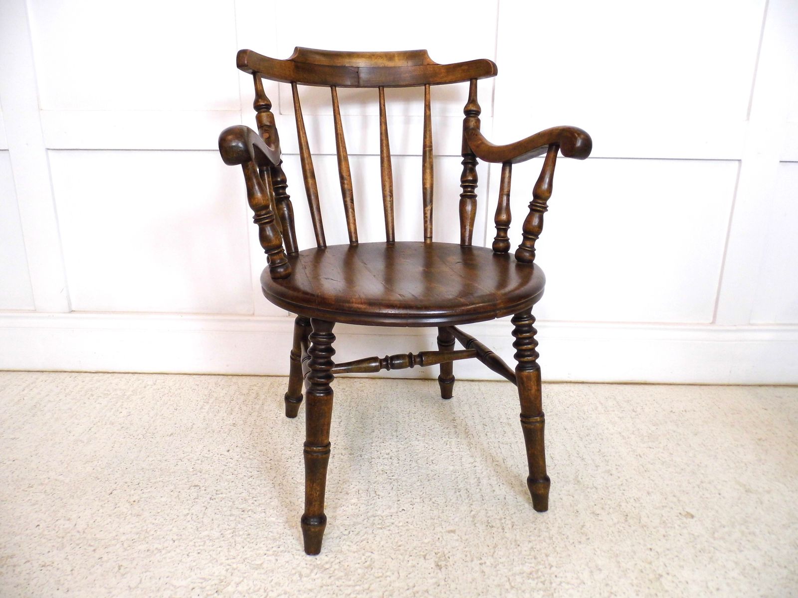Antique Fireside Elbow Penny Armchair Desk Victorian Beech Chair 1890s