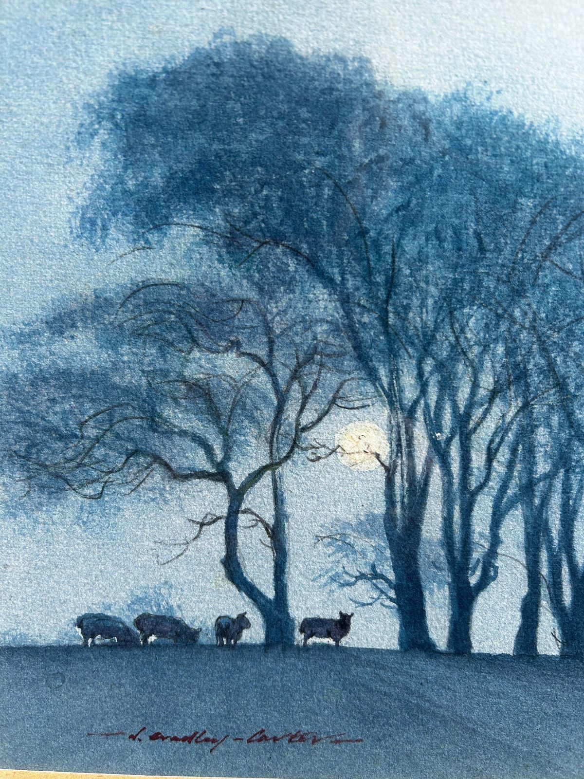 Nicolas Bradley Carter B 1924 Sheep On A Hill Under A Full Moon Watercolour photo for sale