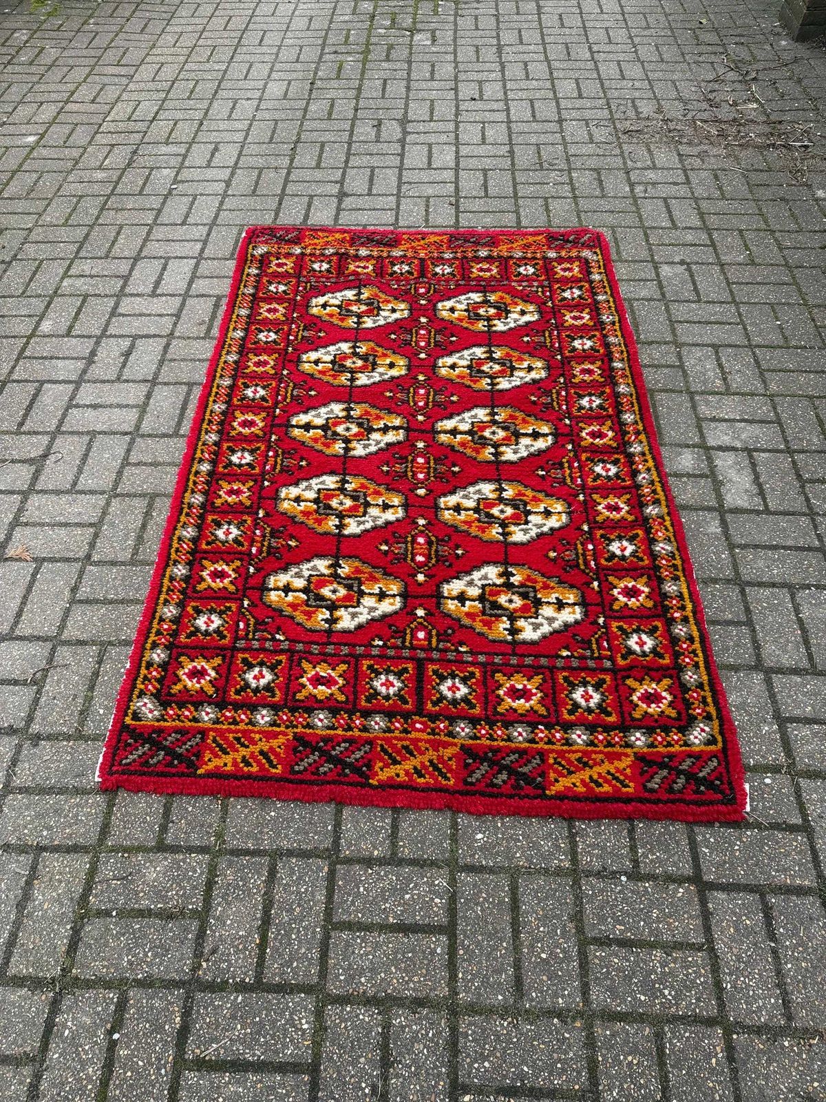 Textiles Vintage Red Geometric Tribal Rug Mid Century Wool Carpet Bohemian Accent Floor Rug photo