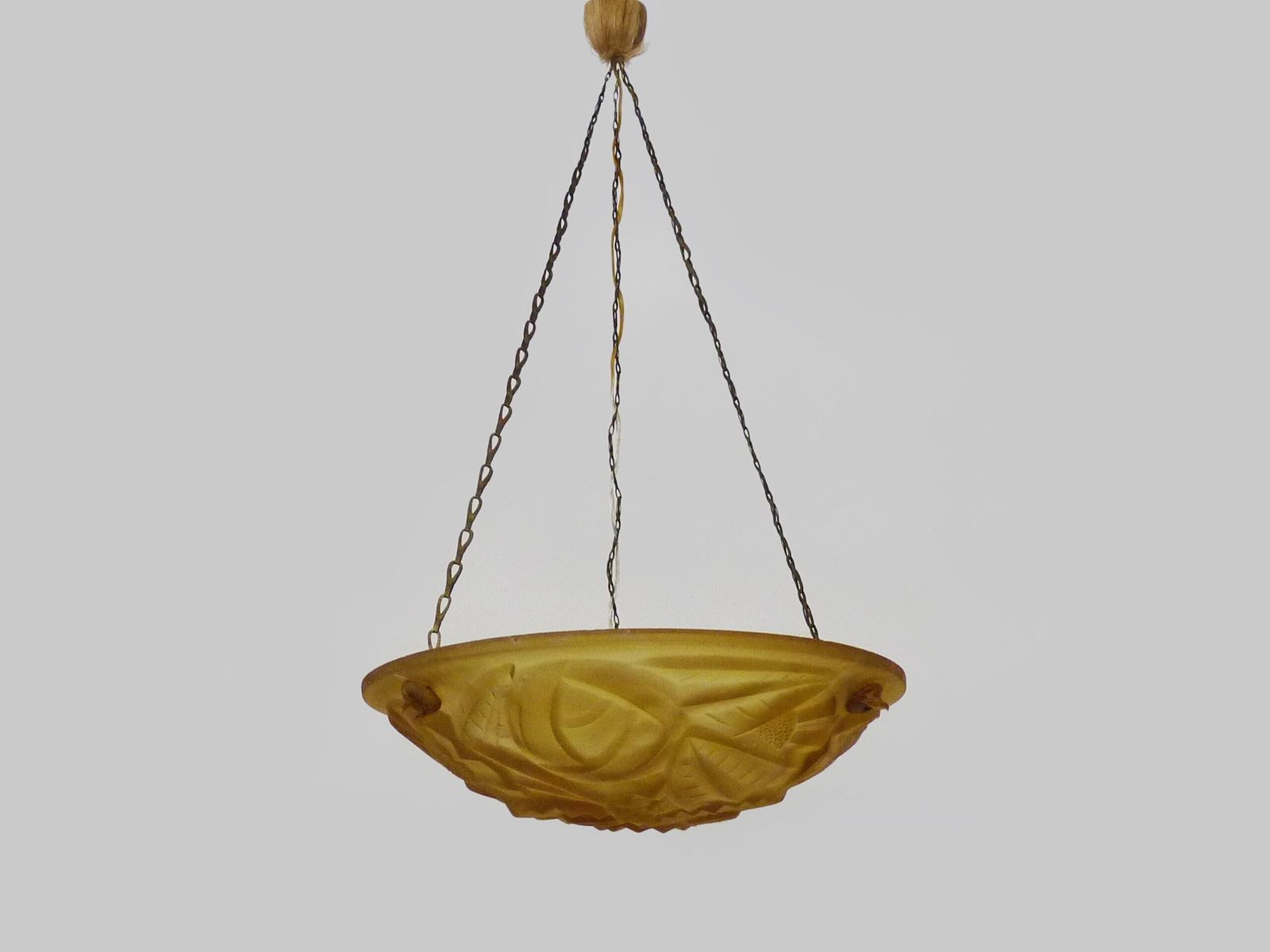 Antique Degue Chandelier, Art Deco Single Light Glass Molded Bowl Pendant. Signed Degué France photo for sale