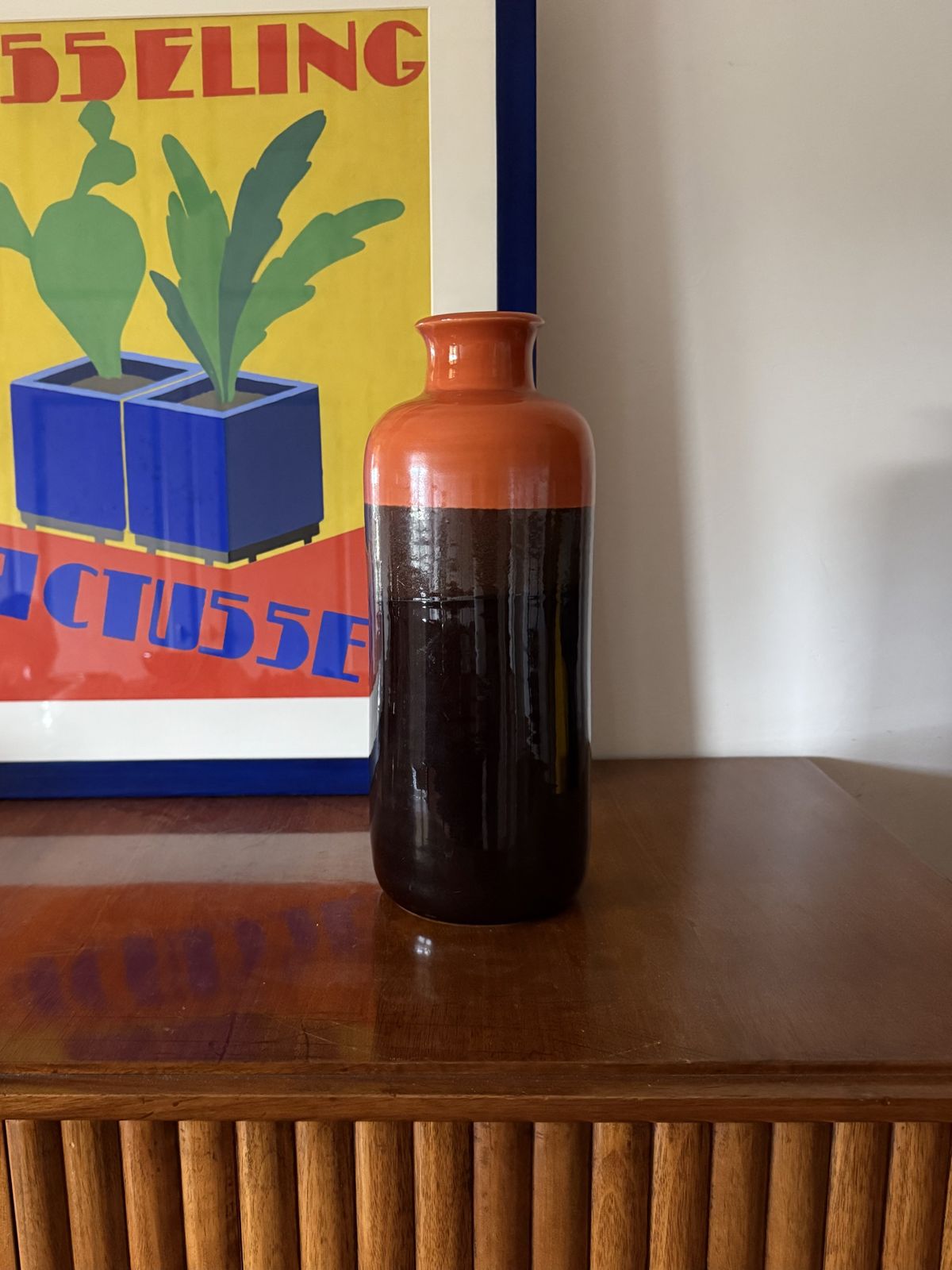 Mid Century Orange & Brown Ceramic Vase, Aldo Londi Bitossi Italy 1970s photo for sale