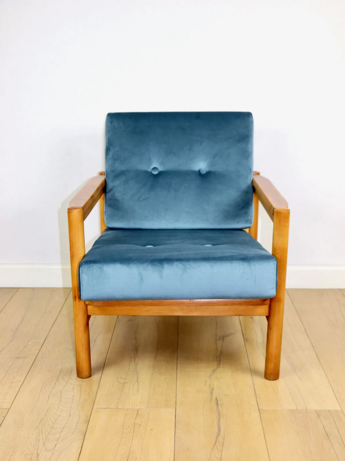 photo for sale Vintage Brown Sea Blue Wooden Armchair Designed By Z. Bączyk   Light Wood