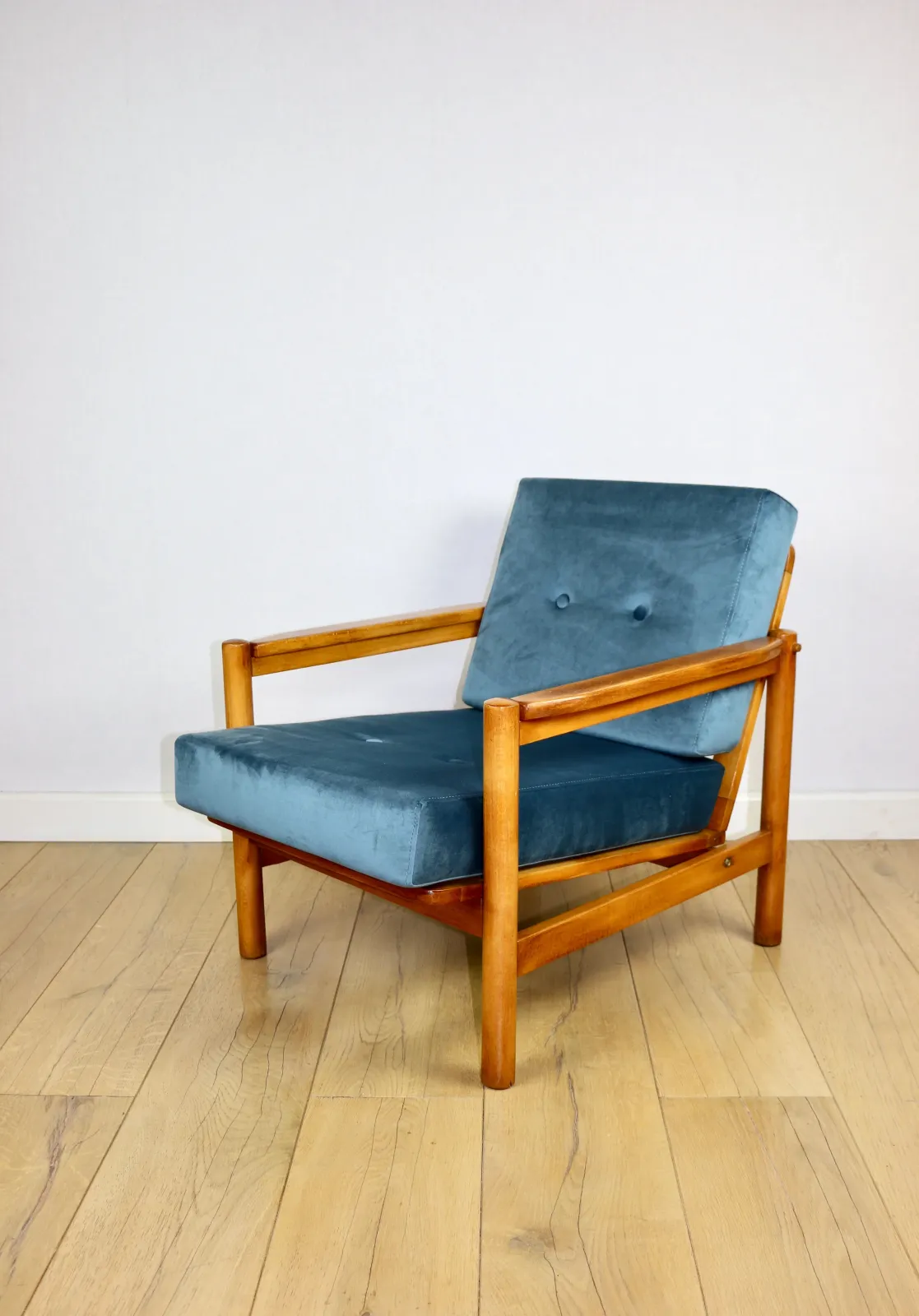 Furniture Vintage Brown Sea Blue Wooden Armchair Designed By Z. Bączyk   Light Wood photo