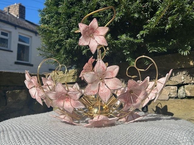 1050.0 Vintage Italian Pink Glass Flower Chandelier – Murano Style – Gilt Metal photo