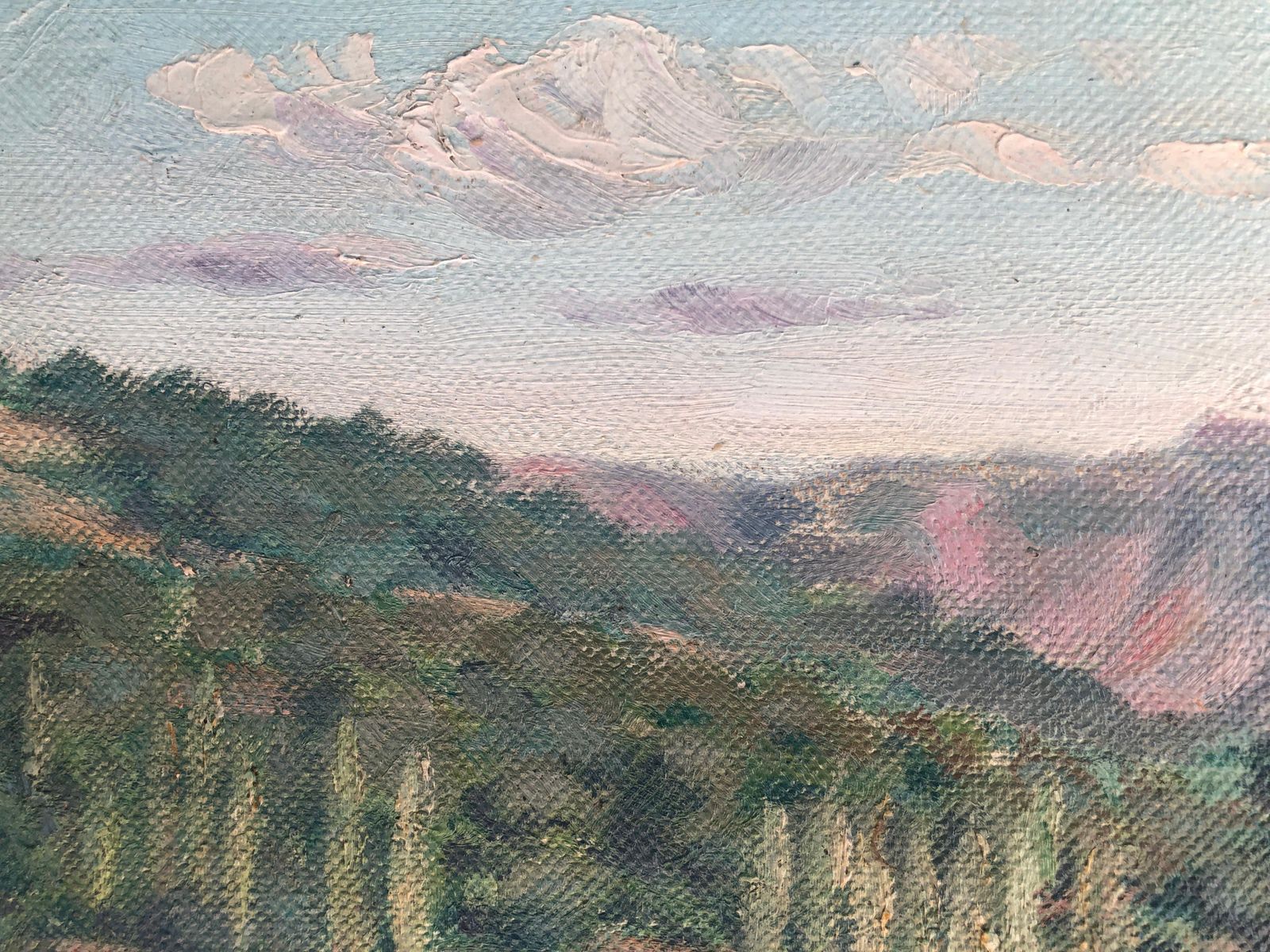 Landscape Painted In Oil On Burlap From The Spanish School Of The 20th Century C.1940. photo buy