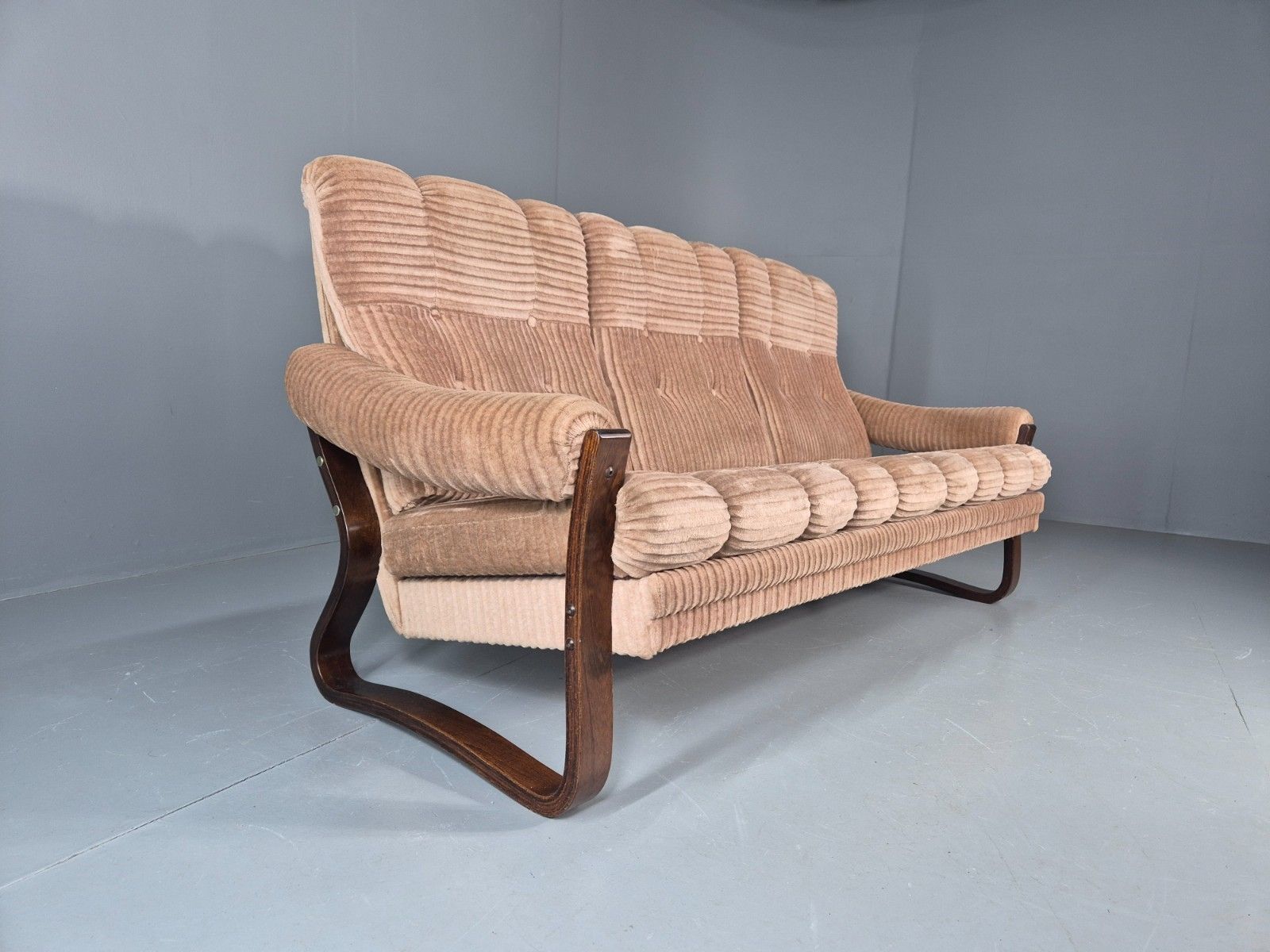 Vintage 3 Seat Sofa Beige Corduroy On Bentwood Base 1970s Retro Mcm Eb11646 M3ss photo furniture