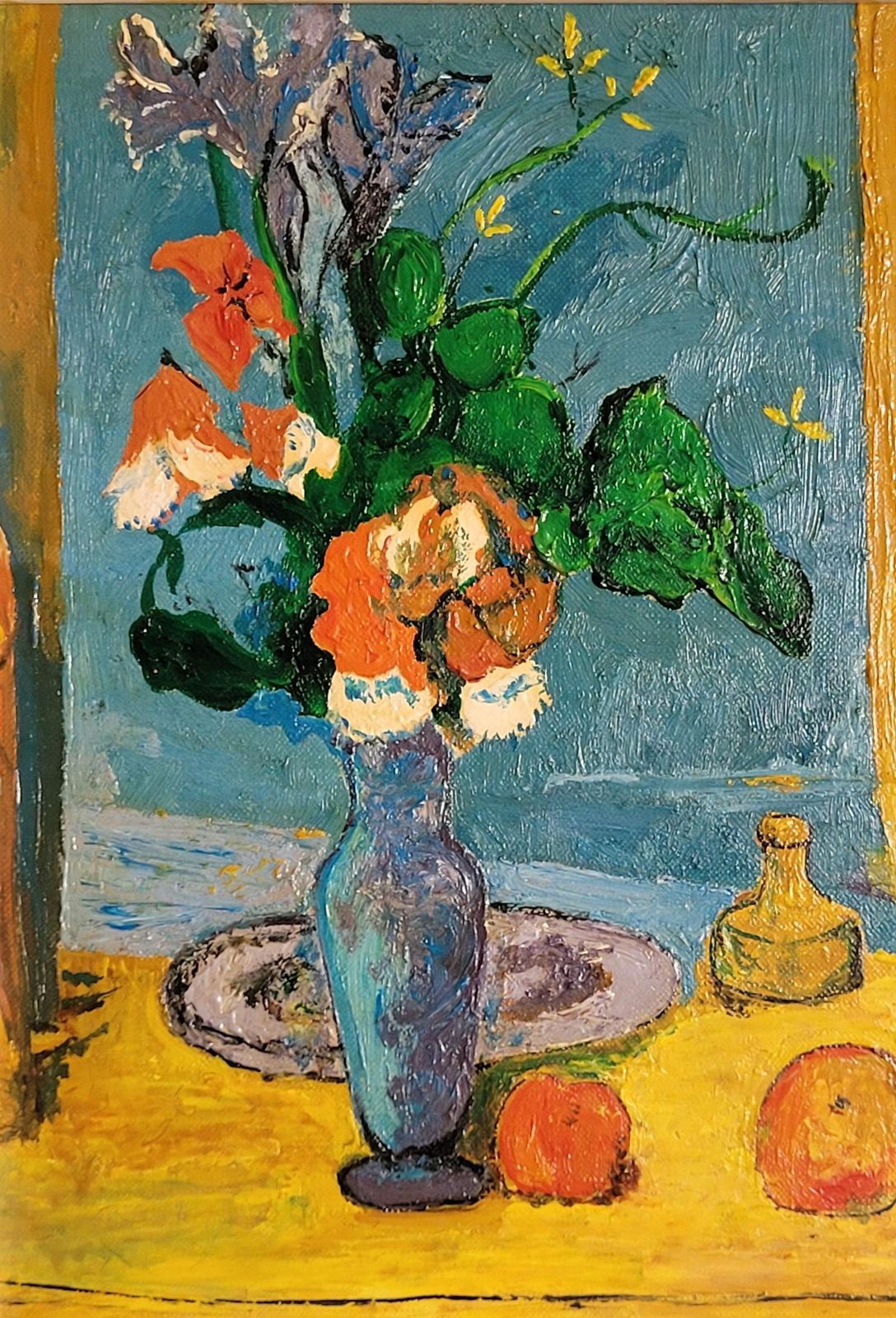 Cezanne Inspired Still Life. 'The Blue Vase". Oil On Board. 35cm X 30cm.1990 By Amaday photo for sale