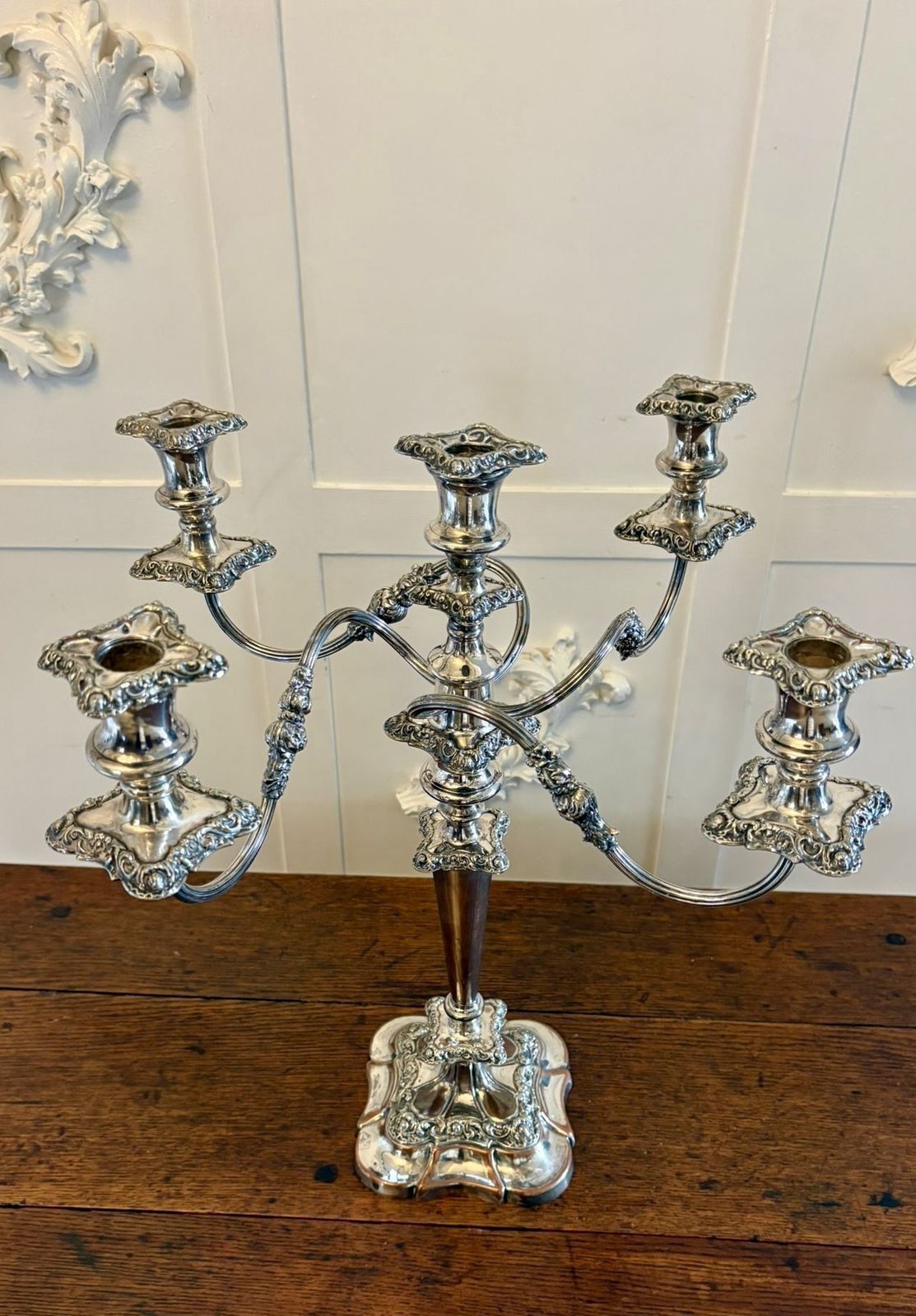 photo for sale Antique 19th Century Large Silver Plated Five Branch Candelabra Dining Table Centrepiece With Detachable Sconces