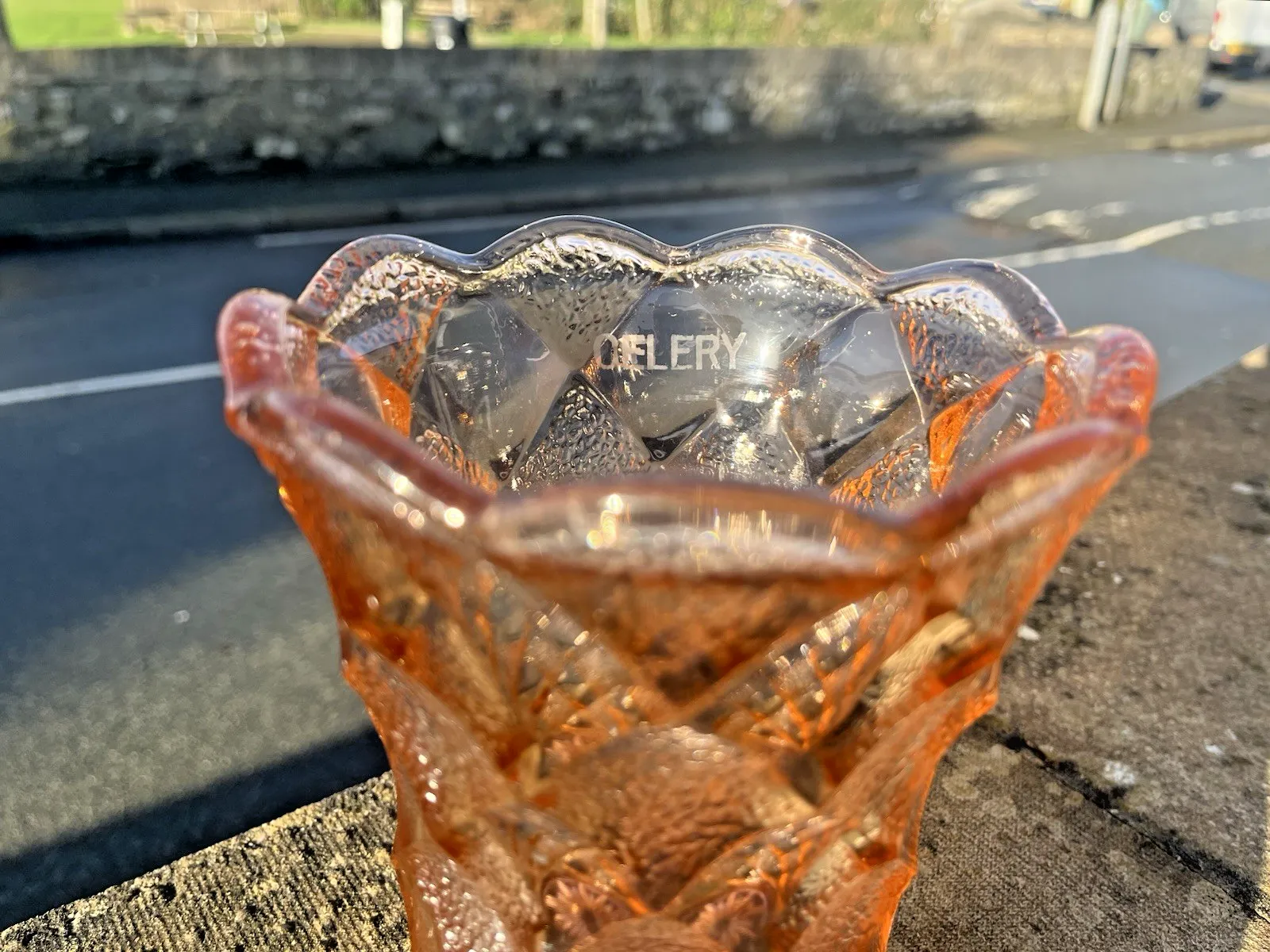 Antique Art Deco Salmon Pink Acid Etched Celery Vase Geometric Diamond Quilt photo furniture