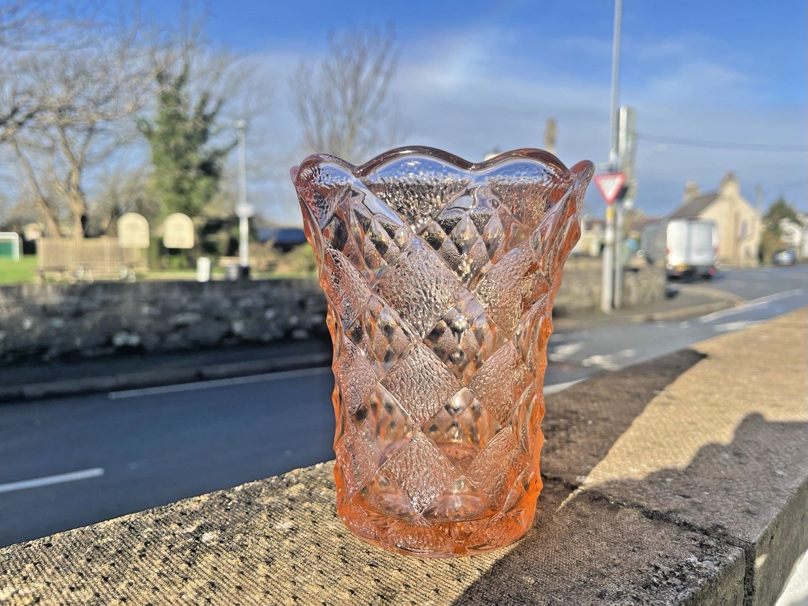 Antique Art Deco Salmon Pink Acid Etched Celery Vase Geometric Diamond Quilt photo buy