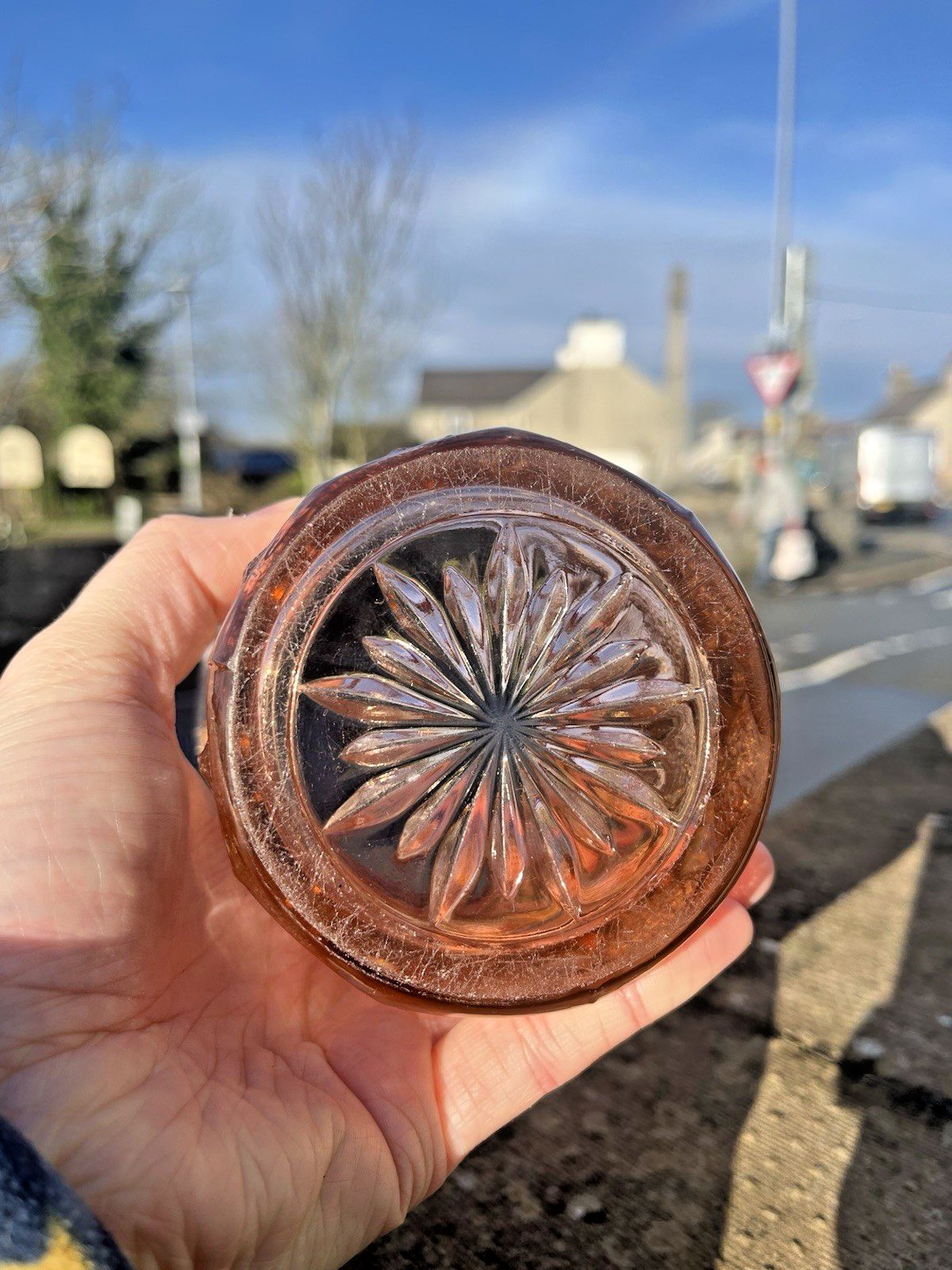 photo for sale Antique Art Deco Salmon Pink Acid Etched Celery Vase Geometric Diamond Quilt