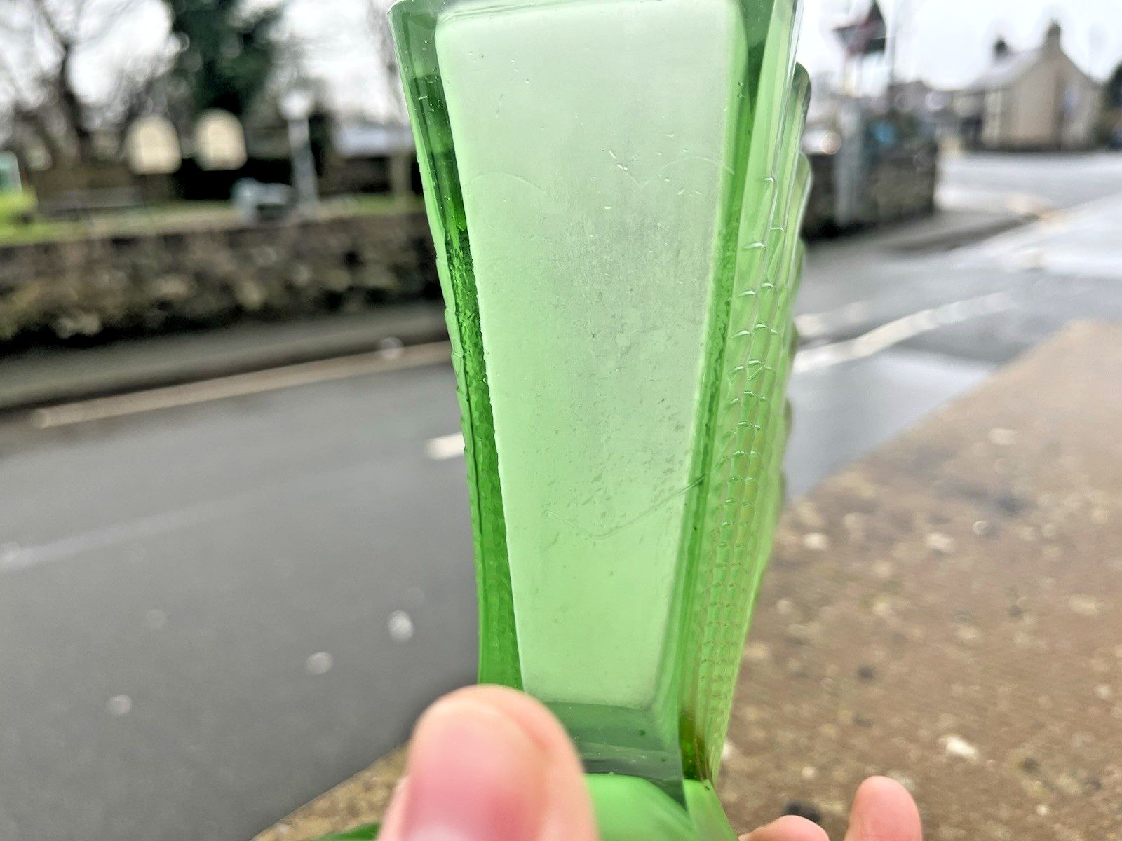 50.0 English Art Deco George Davidson Green Frosted Fanned Fan Glass Flower Vase #296 photo