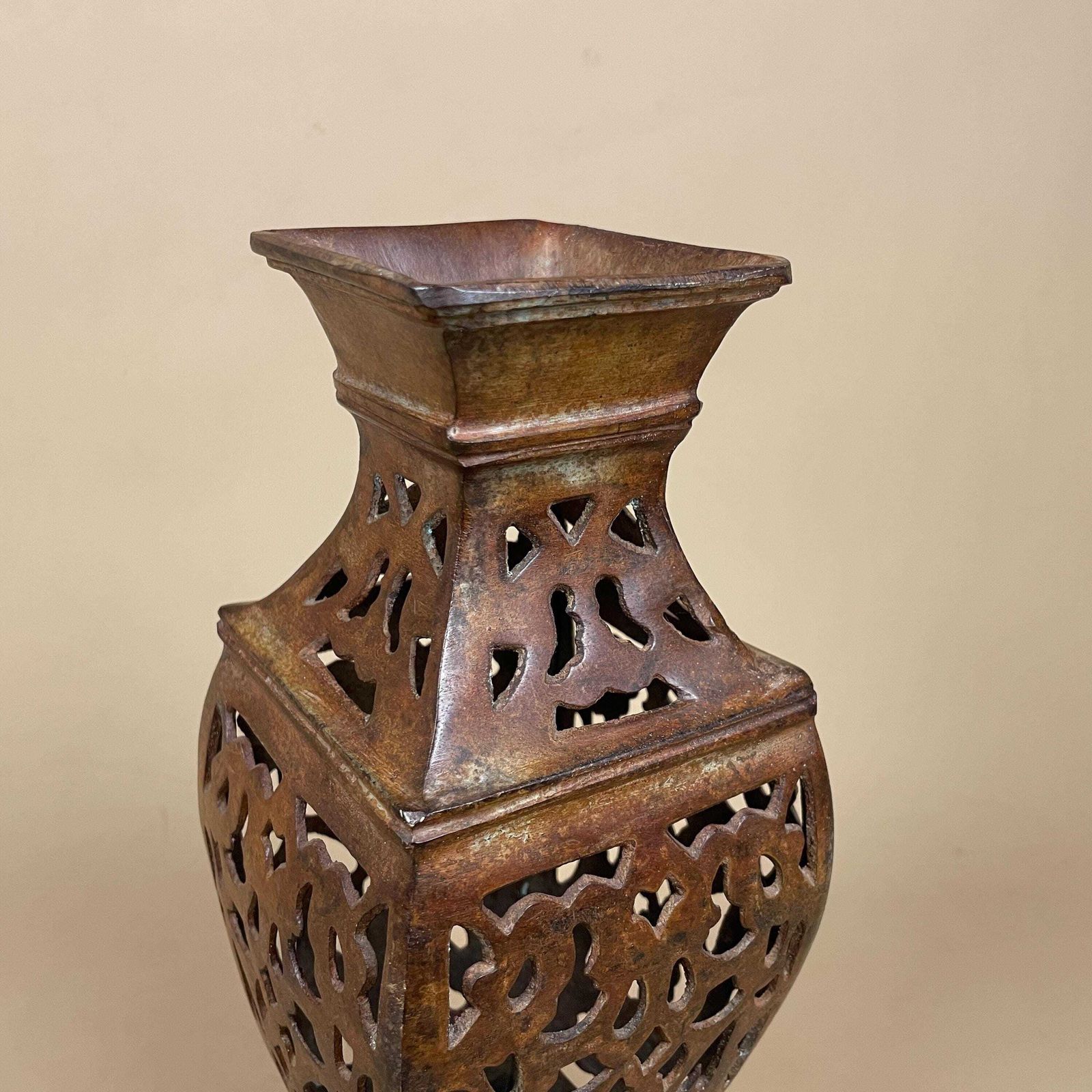 Metal Indian Patterned Pot Vase Jardiniere Asian Handmade Hollowed Out Pierced Intricate Vintage Urn Decorative Ornate Display Cut Out photo furniture