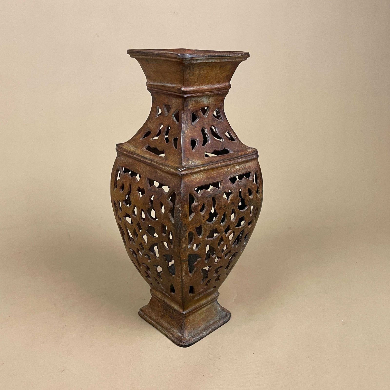 Metal Indian Patterned Pot Vase Jardiniere Asian Handmade Hollowed Out Pierced Intricate Vintage Urn Decorative Ornate Display Cut Out photo for sale