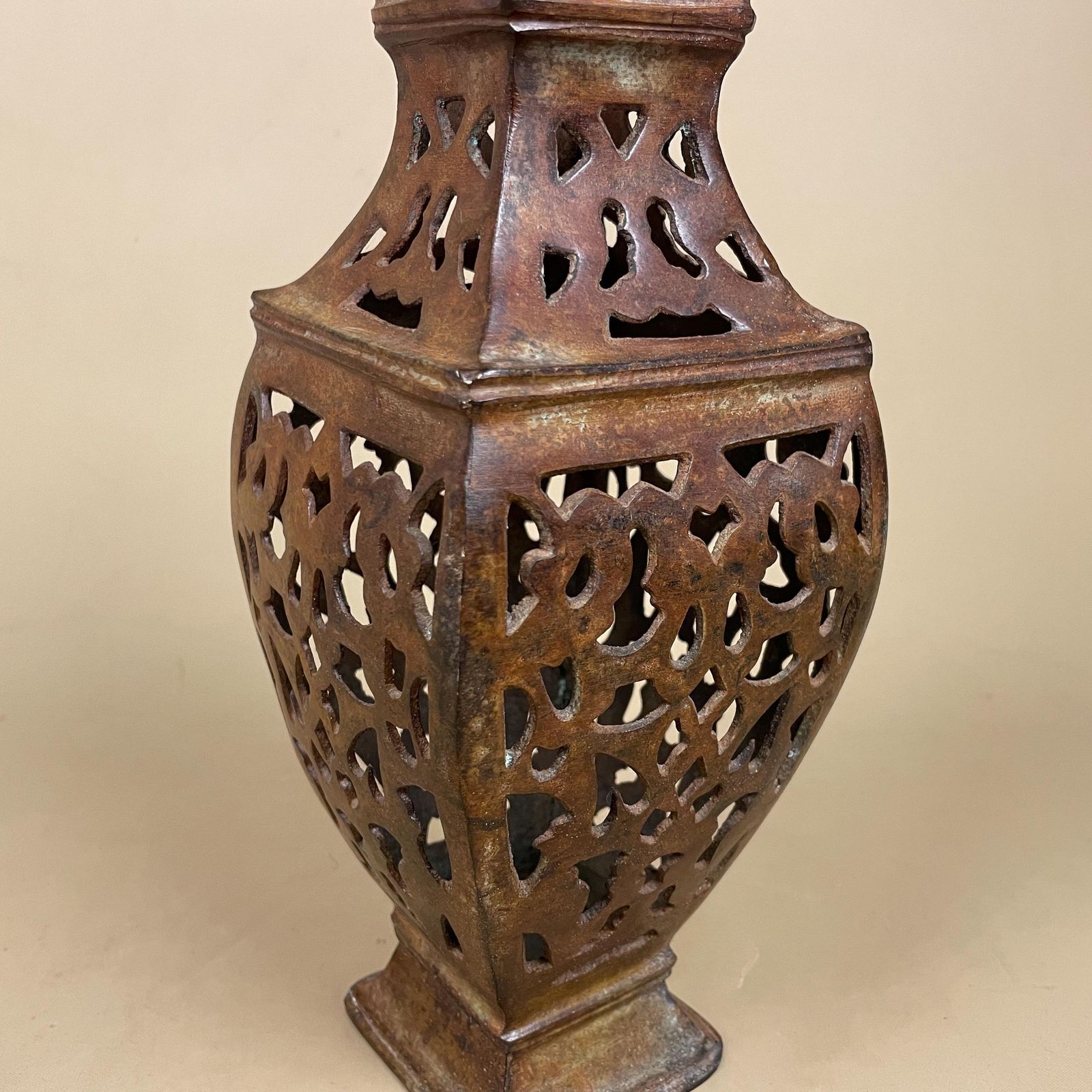 Metal Indian Patterned Pot Vase Jardiniere Asian Handmade Hollowed Out Pierced Intricate Vintage Urn Decorative Ornate Display Cut Out photo Home Decor