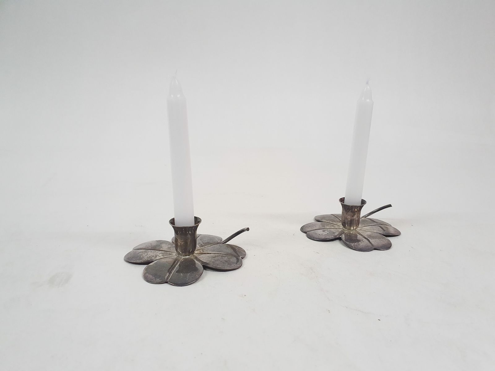 Set Of Two Silver Clover Candleholders By Carl Frederik Christiansen, Denmark 1950's