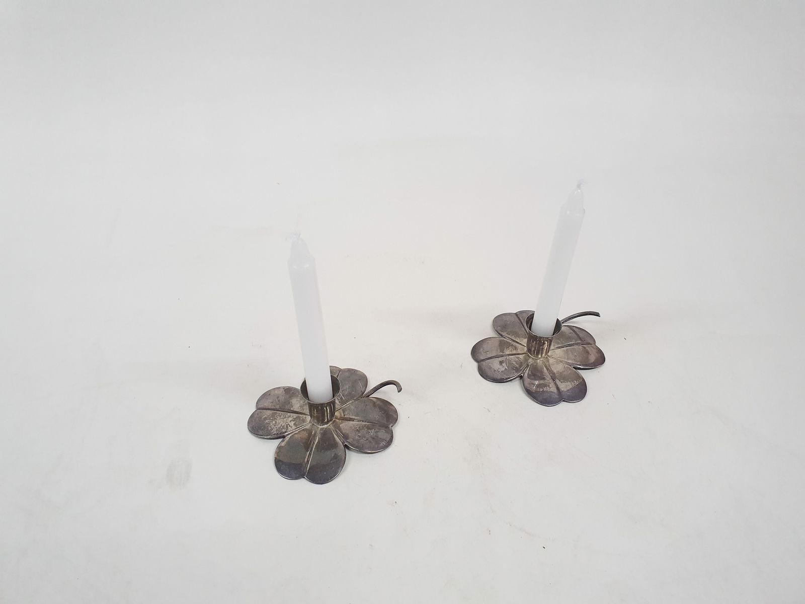 Set Of Two Silver Clover Candleholders By Carl Frederik Christiansen, Denmark 1950's photo Home Decor