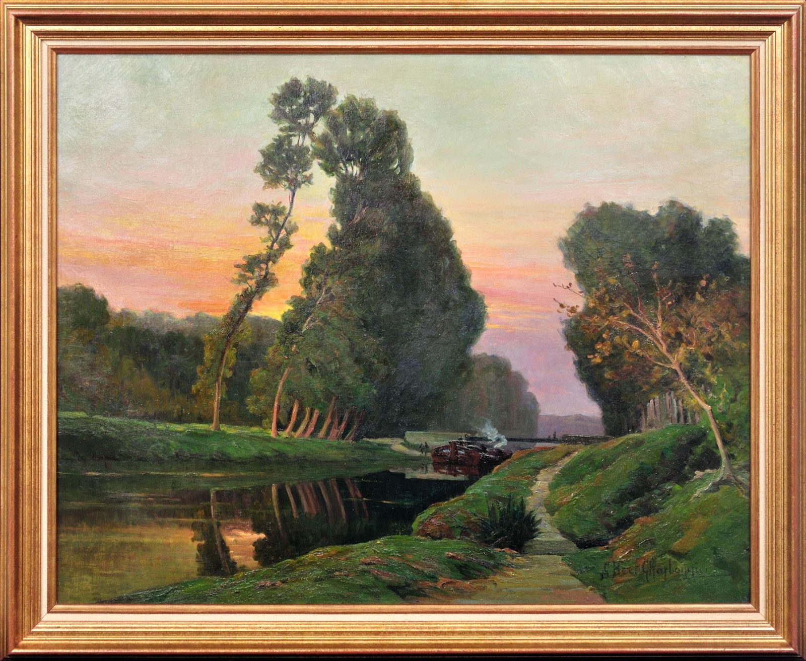 Claudia Bret Charbonnier 1863 To 1951. A Barge Carrying Barrels Of Wine On The Canal Du Midi. Framed 1920s Oil Painting.