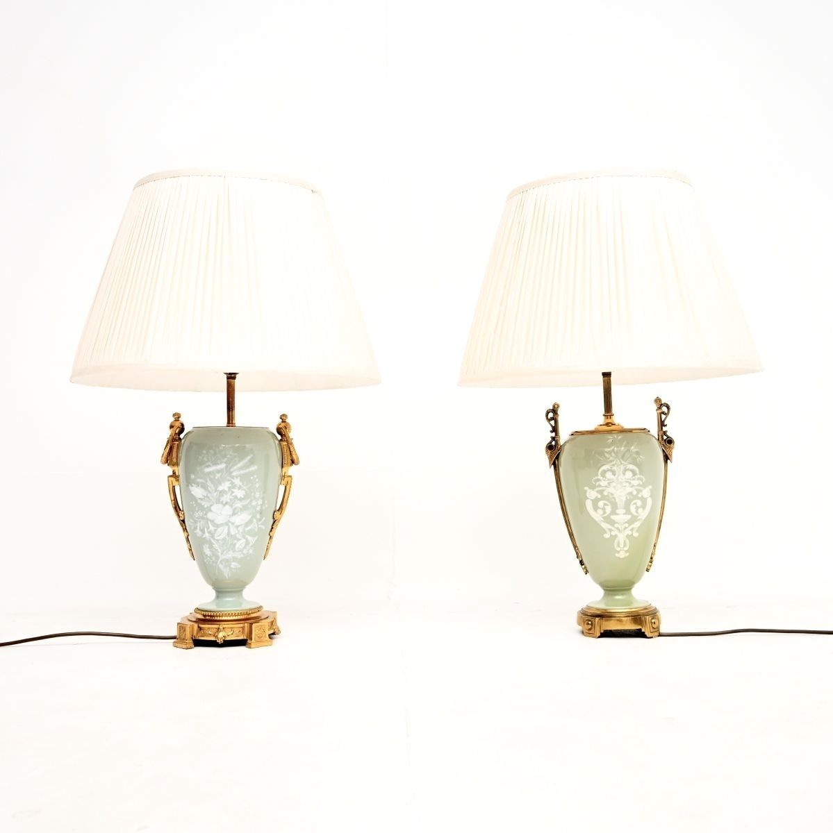 Pair Of Antique French Ceramic Gilt Metal Table Lamps